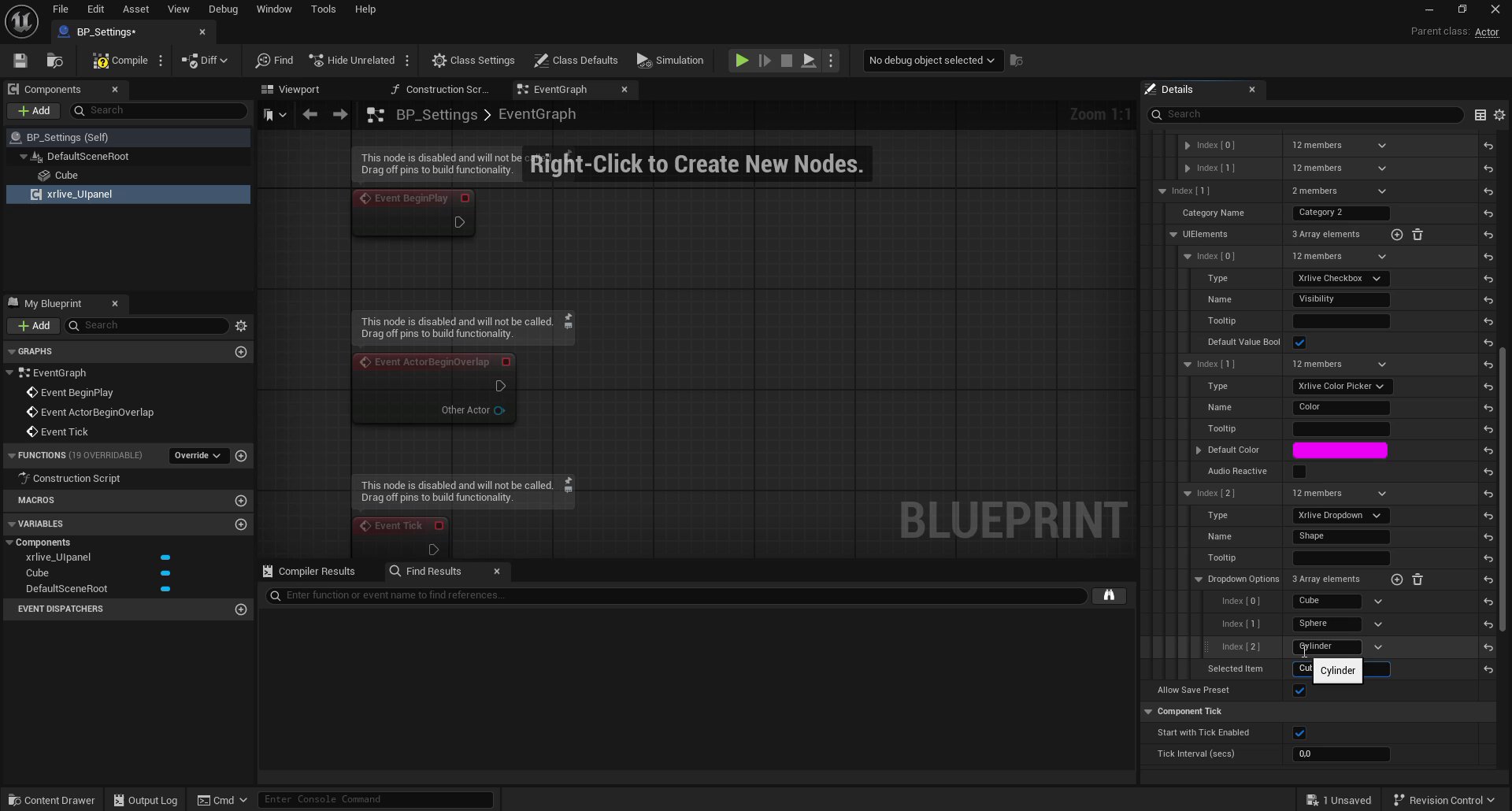Shape Dropdown control with Dropdown Options array containing Index 0 Cube, Index 1 Sphere, Index 2 Cylinder