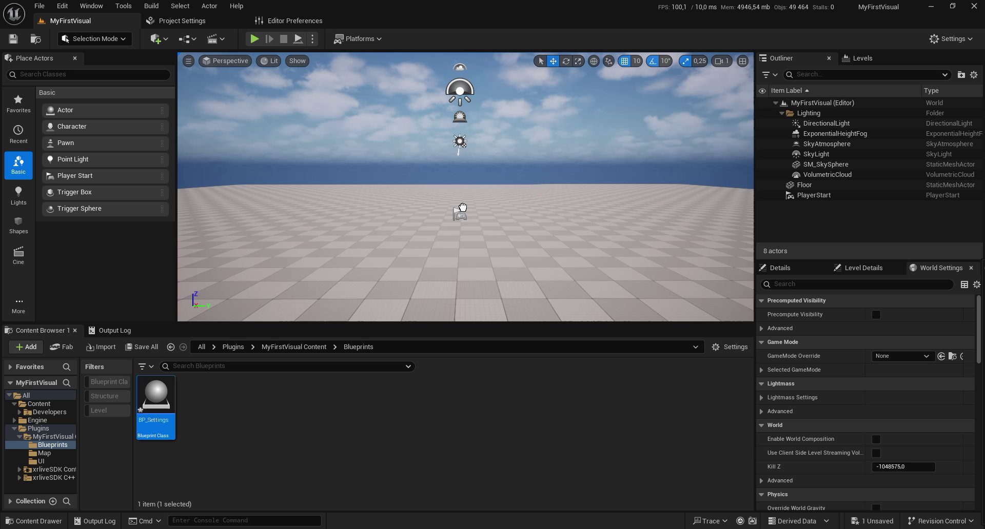Content Browser showing the Blueprints folder with a new BP_Settings Blueprint Class asset