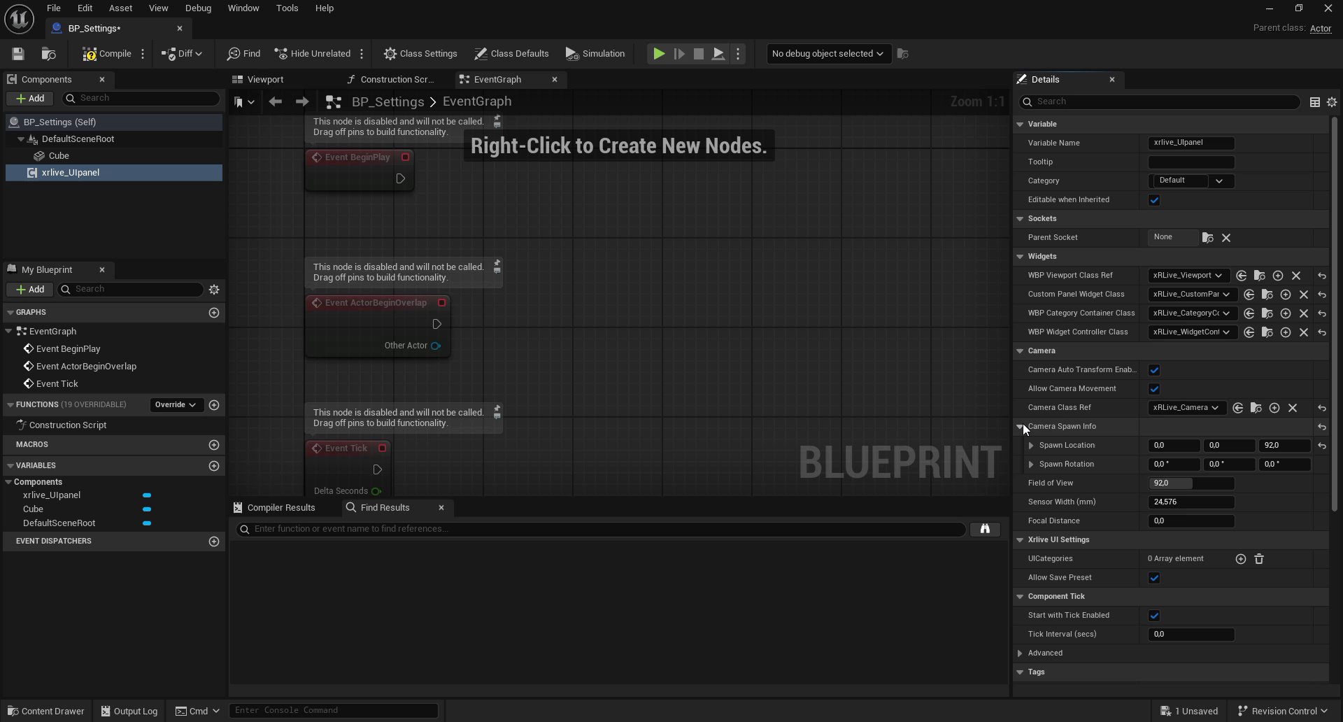 xrlive_UIpanel Details Camera section showing Camera Class Ref set to xRLive_Camera and Camera Spawn Info expanded with Spawn Location Z set to 92