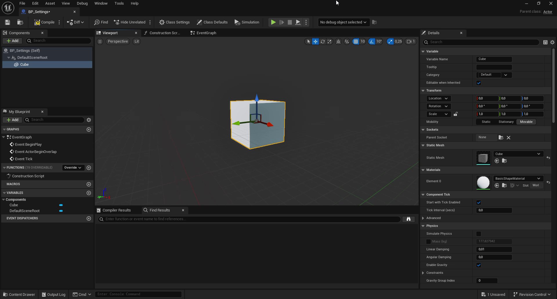 BP_Settings Blueprint editor showing the Components panel with Cube selected, and the Details panel on the right showing Static Mesh set to Cube
