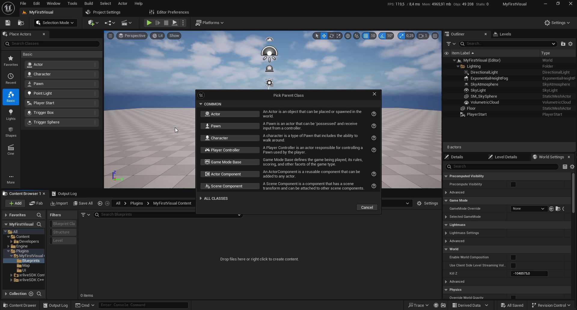 Unreal Engine Pick Parent Class dialog showing common classes, with the All Classes link visible at the bottom