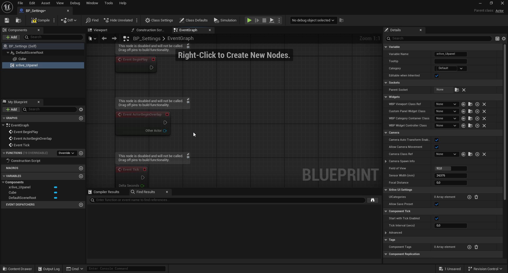 Blueprint editor Details panel with xrlive_UIpanel selected, showing the Widgets section with four empty class references, Camera section, and Xrlive UI Settings section