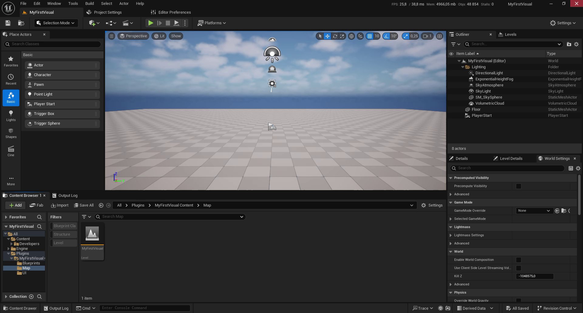 Unreal Editor Content Browser showing the Map folder inside MyFirstVisual plugin content, with the MyFirstVisual map asset inside it