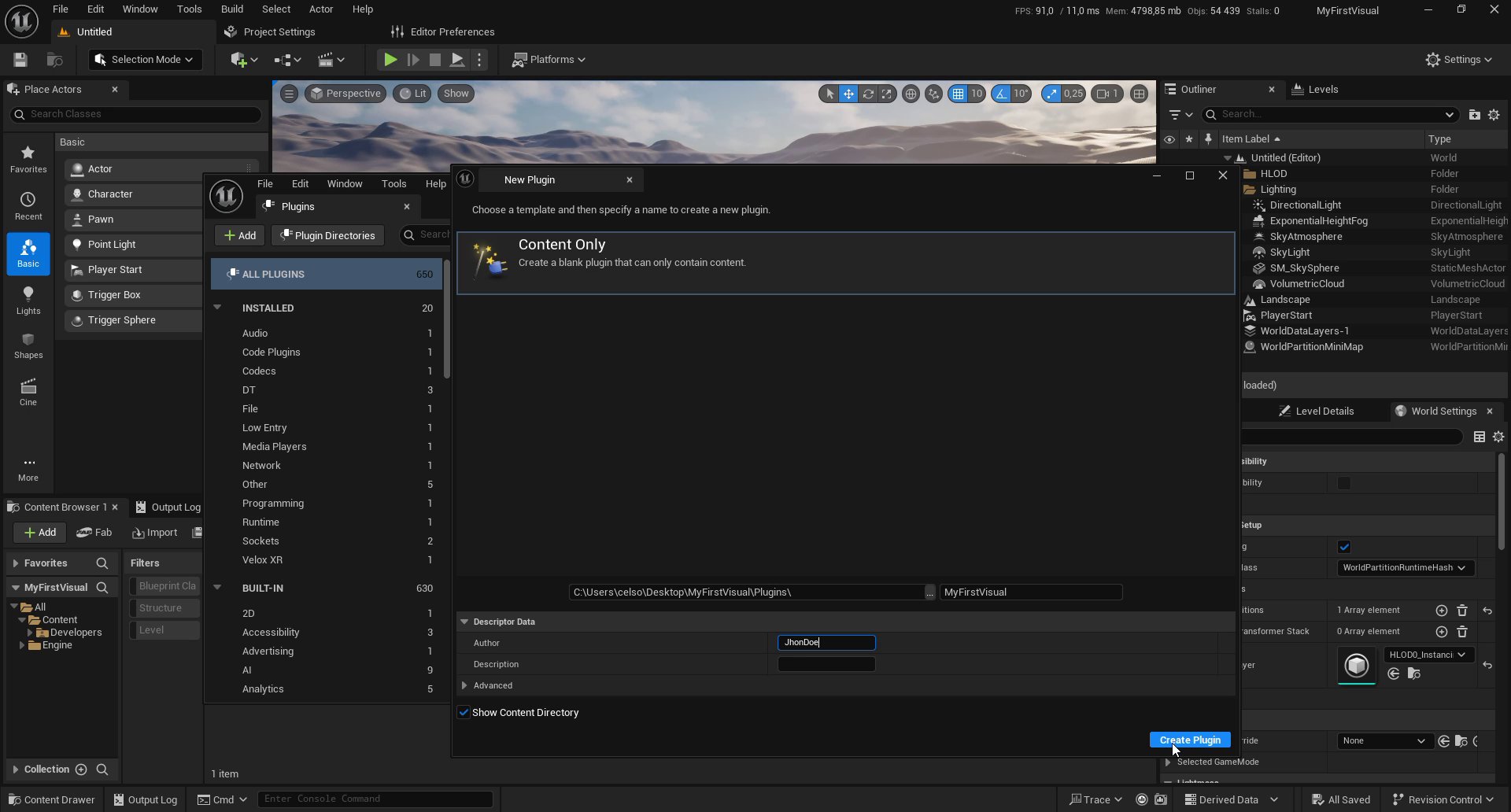 New Plugin dialog showing the Content Only template selected and the plugin name field containing MyFirstVisual