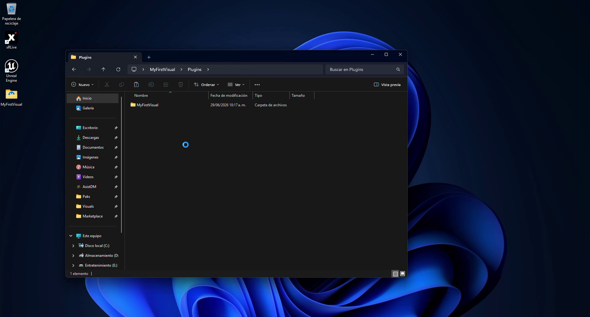 Windows Explorer showing the Plugins folder inside the MyFirstVisual project, containing only a single folder named MyFirstVisual