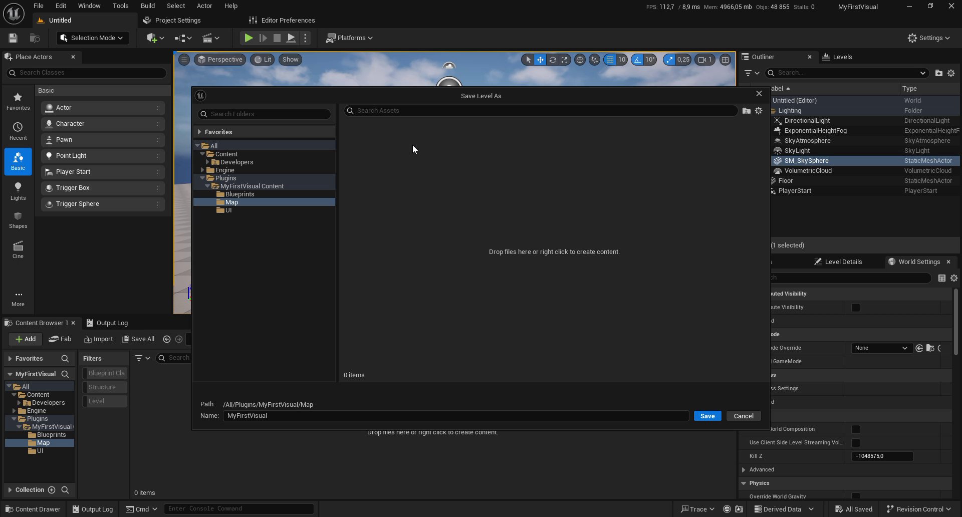 Save Level As dialog showing the folder tree navigated to Plugins/MyFirstVisual Content/Map, with the name field set to MyFirstVisual