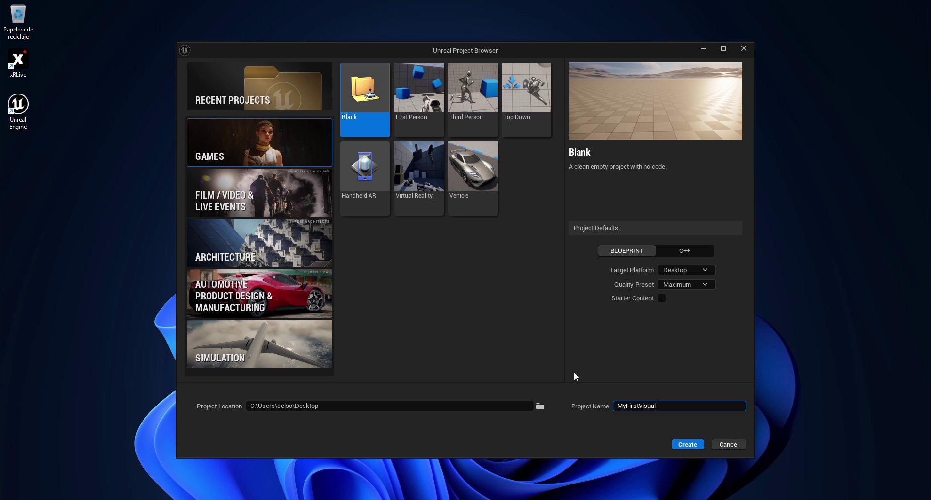 Unreal Engine Project Browser showing the Blank template selected with Blueprint and Desktop settings, project name field containing MyFirstVisual