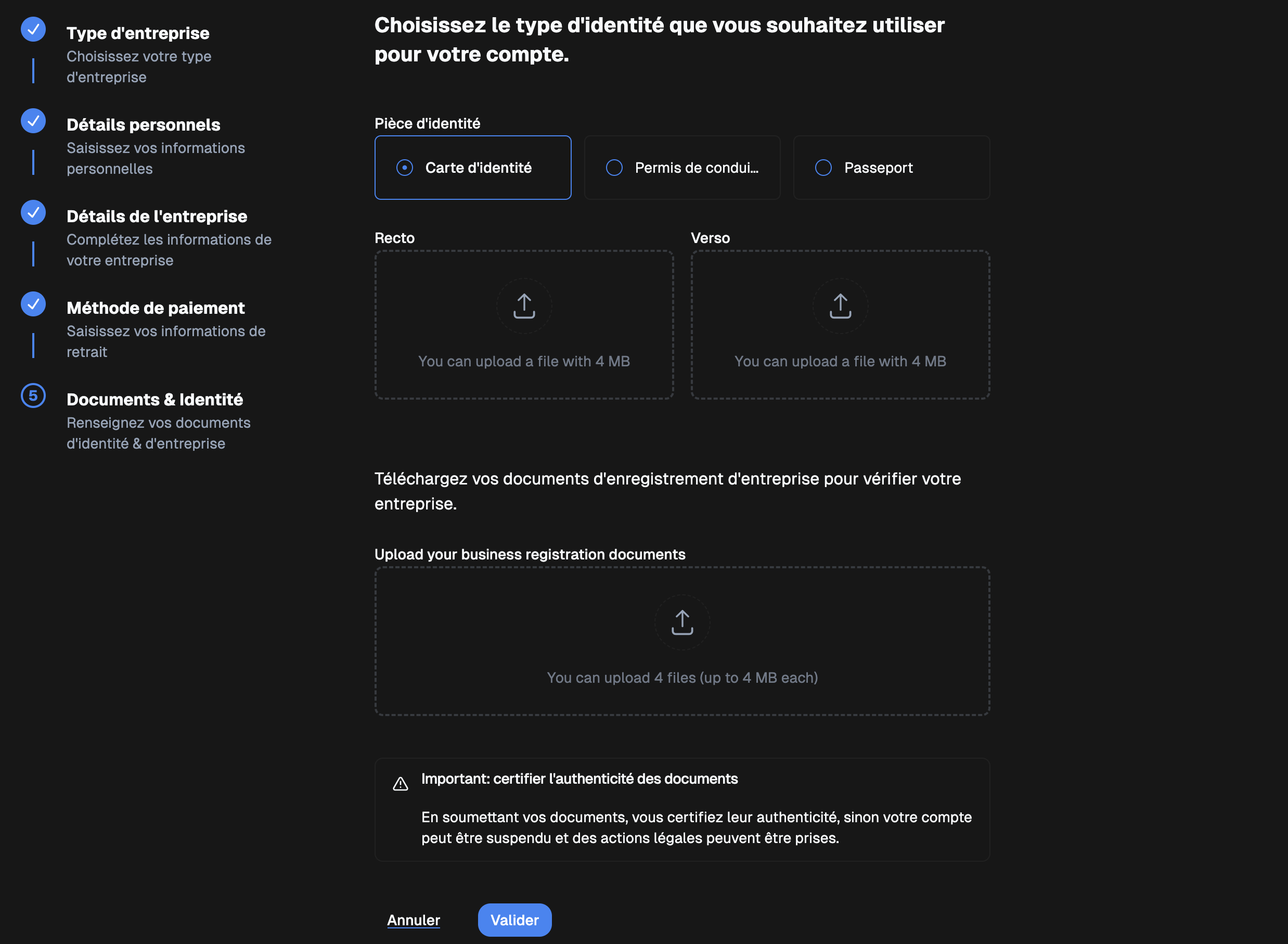 Étape 6 - Documents & Identité