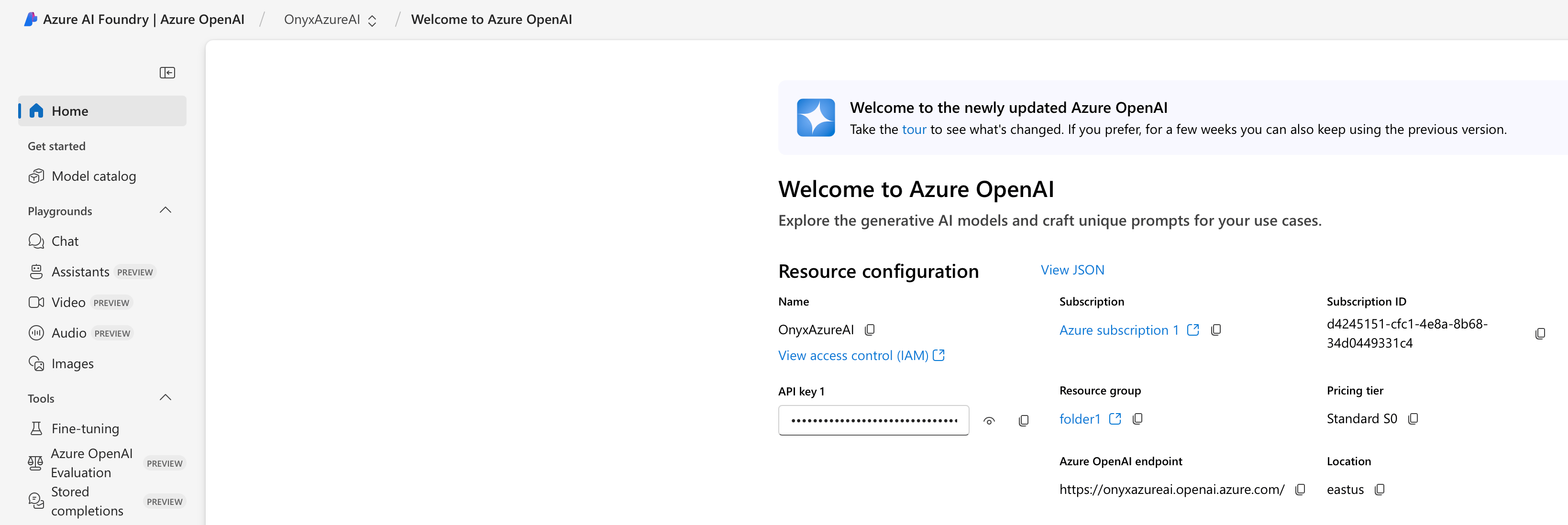 Стартовая страница службы Azure OpenAI