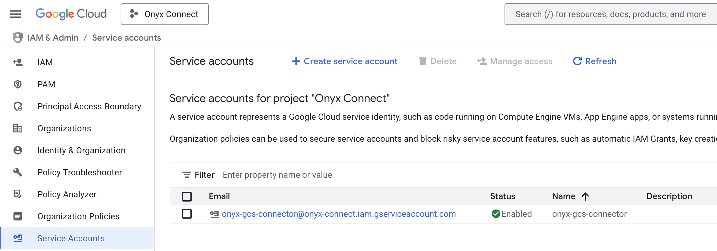 Страница сервисных аккаунтов Google Cloud Console