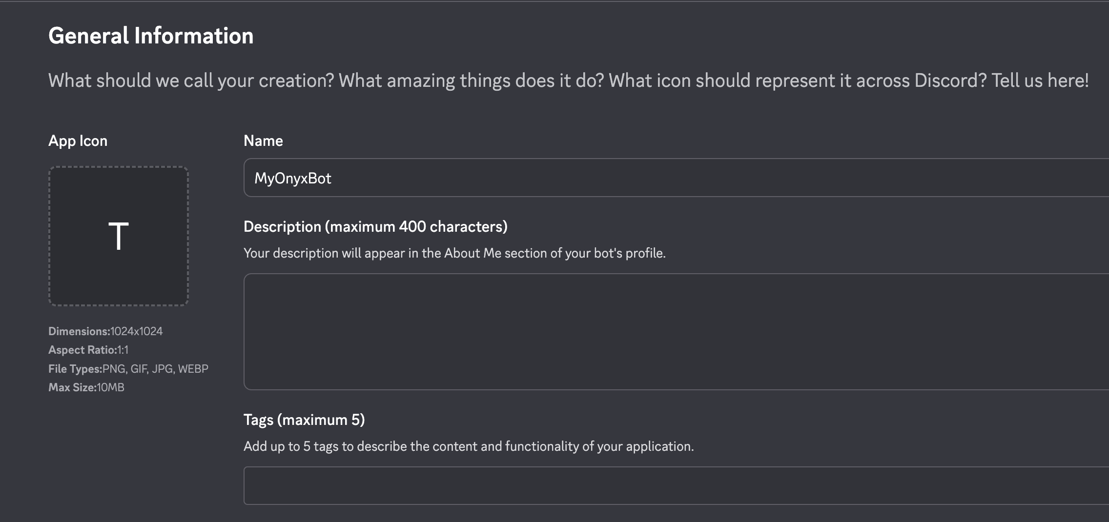 Создание нового приложения Discord