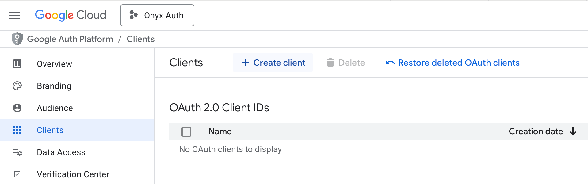 Страница создания клиента OAuth в Google Cloud Console