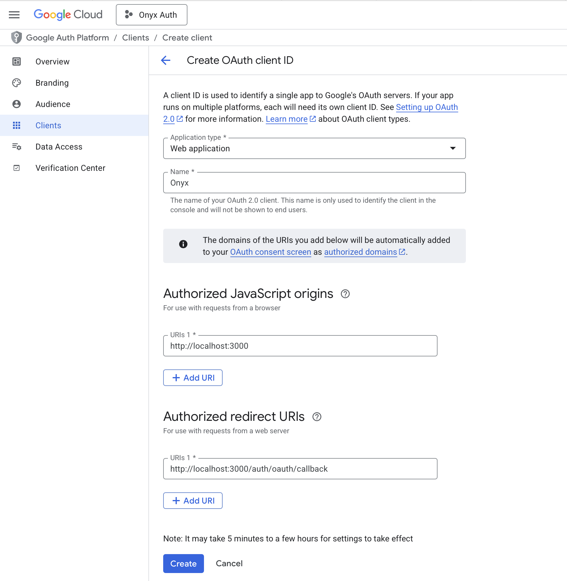 Страница создания клиента OAuth в Google Cloud Console