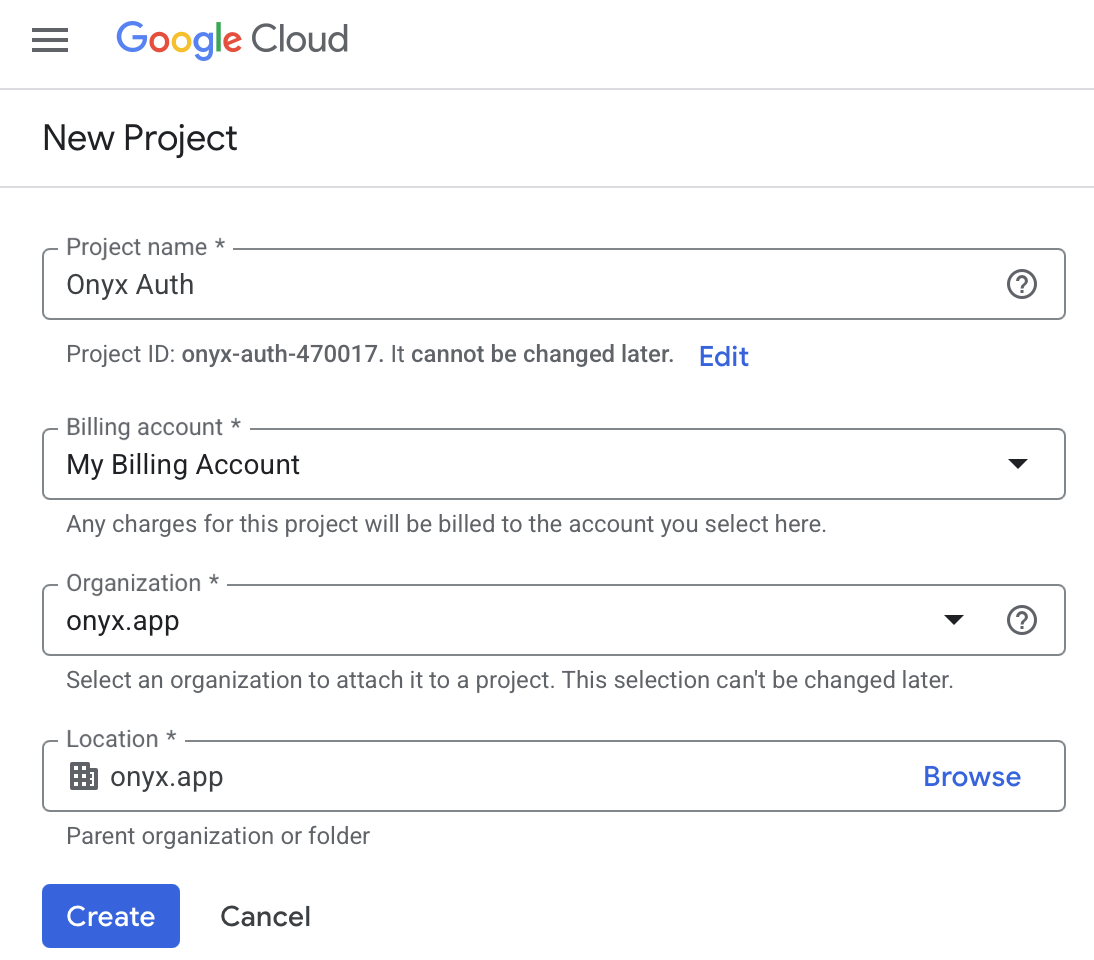 Страница создания проекта в Google Cloud Console