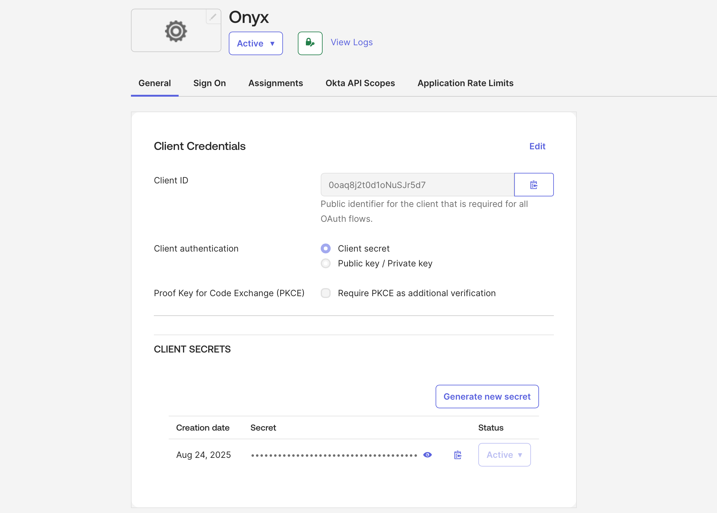 Страница учётных данных OIDC в Okta