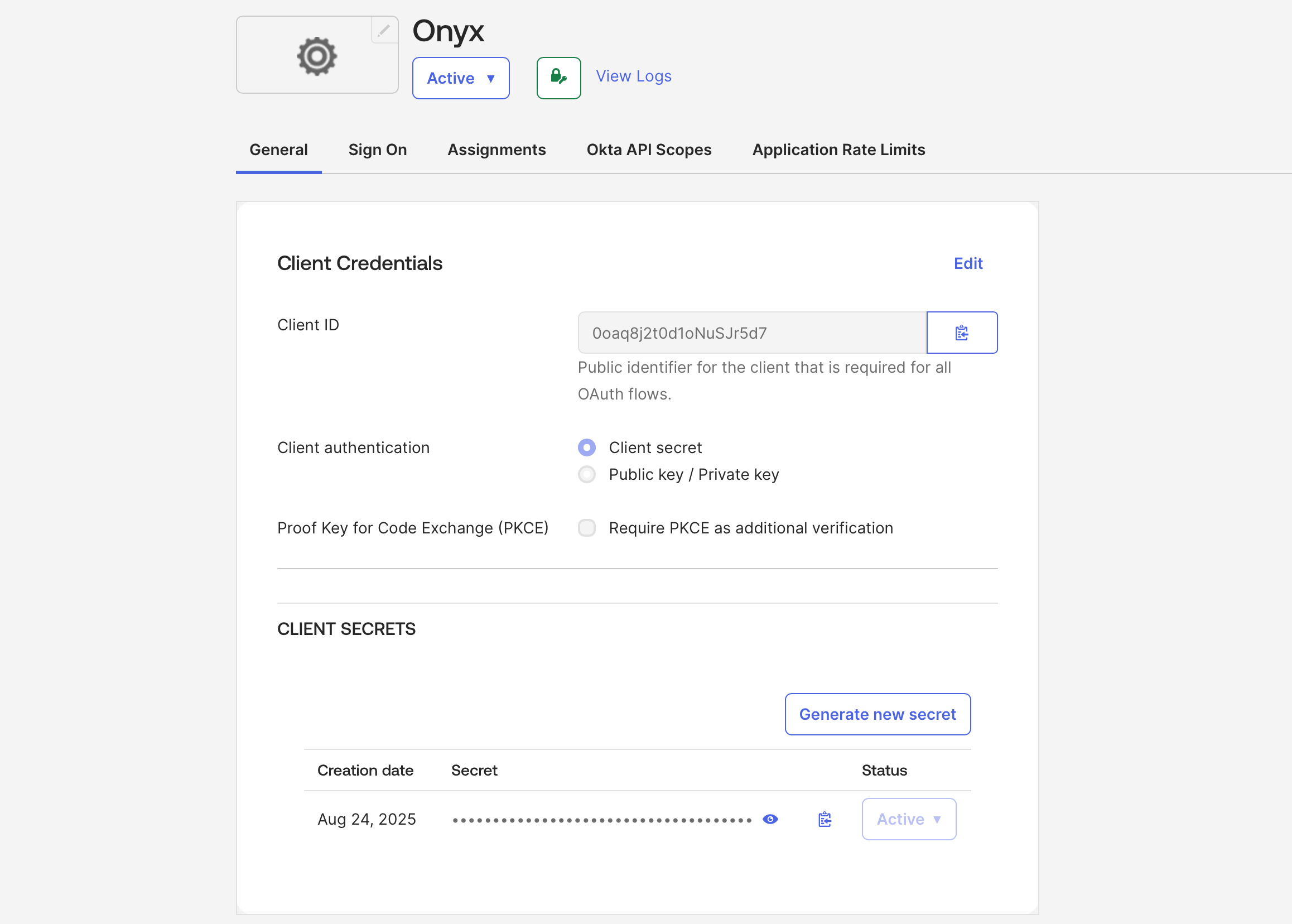 Страница учётных данных OIDC в Okta