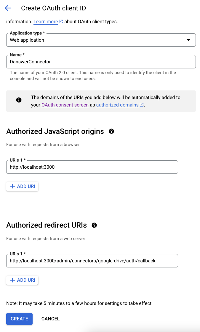 Настройка authorized origins и redirect URIs для клиента Google Drive OAuth