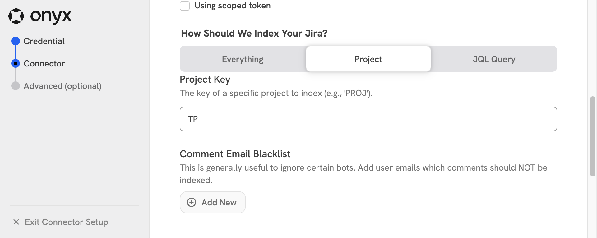 Режимы индексации коннектора Jira, ключ проекта и чёрный список адресов электронной почты комментаторов