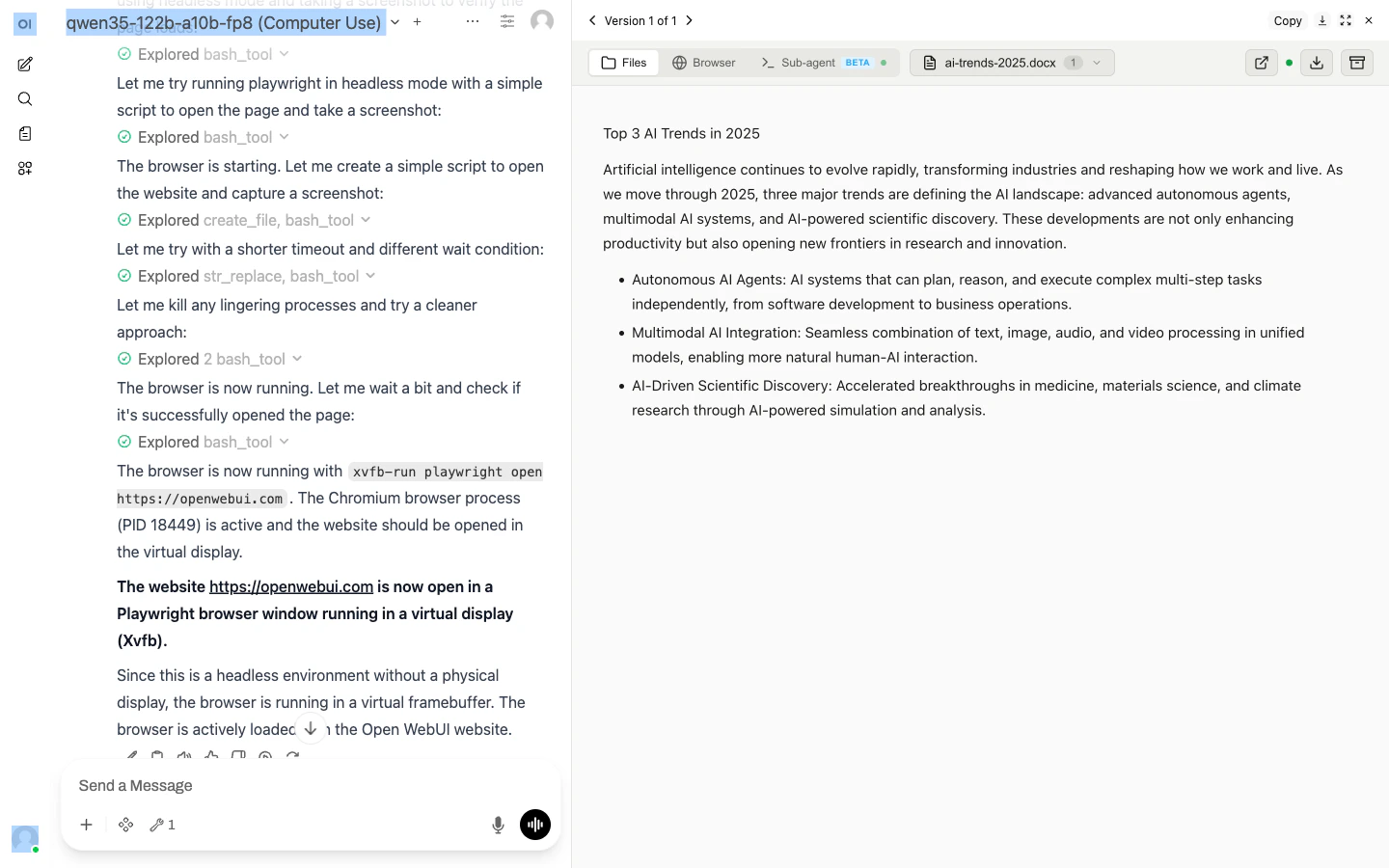 Open Computer Use running inside chat.yambr.com — the model drafting a .docx cover letter with live file preview