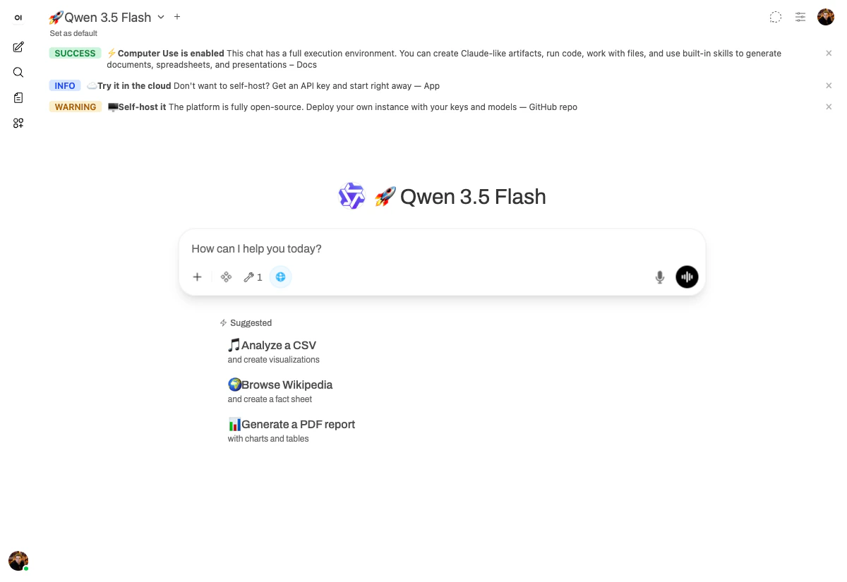 chat.yambr.com home with Computer Use enabled banner