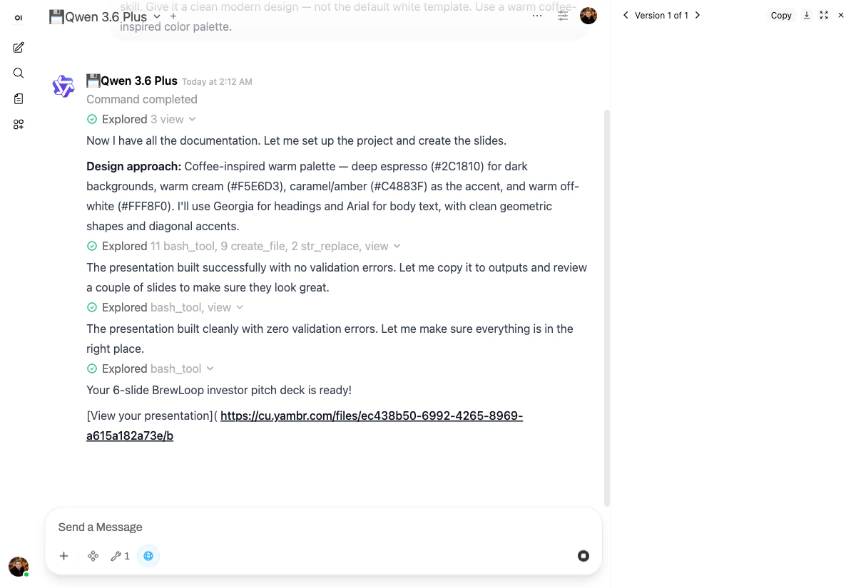 Completed pitch deck — final summary message with download link