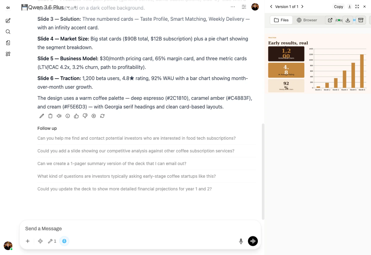 Slide 6 (Traction) preview — stat cards and bar chart in coffee palette