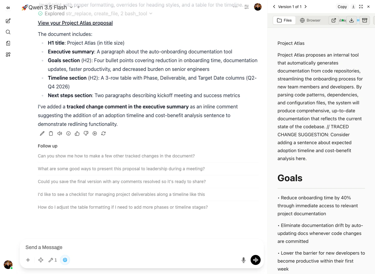 Completed Project Atlas proposal — assistant reply on the left, document preview on the right