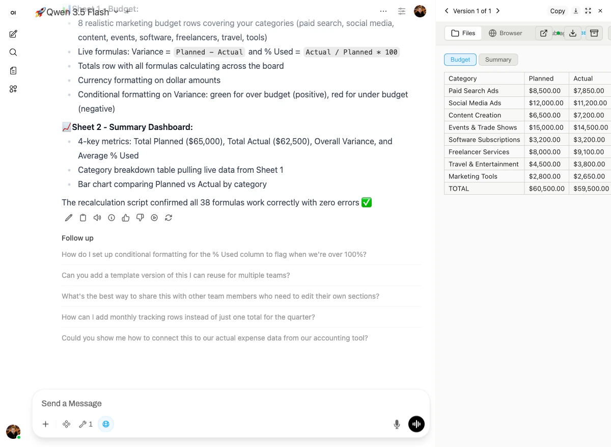 Completed budget tracker — sheet 1 Budget visible in the right panel with real values