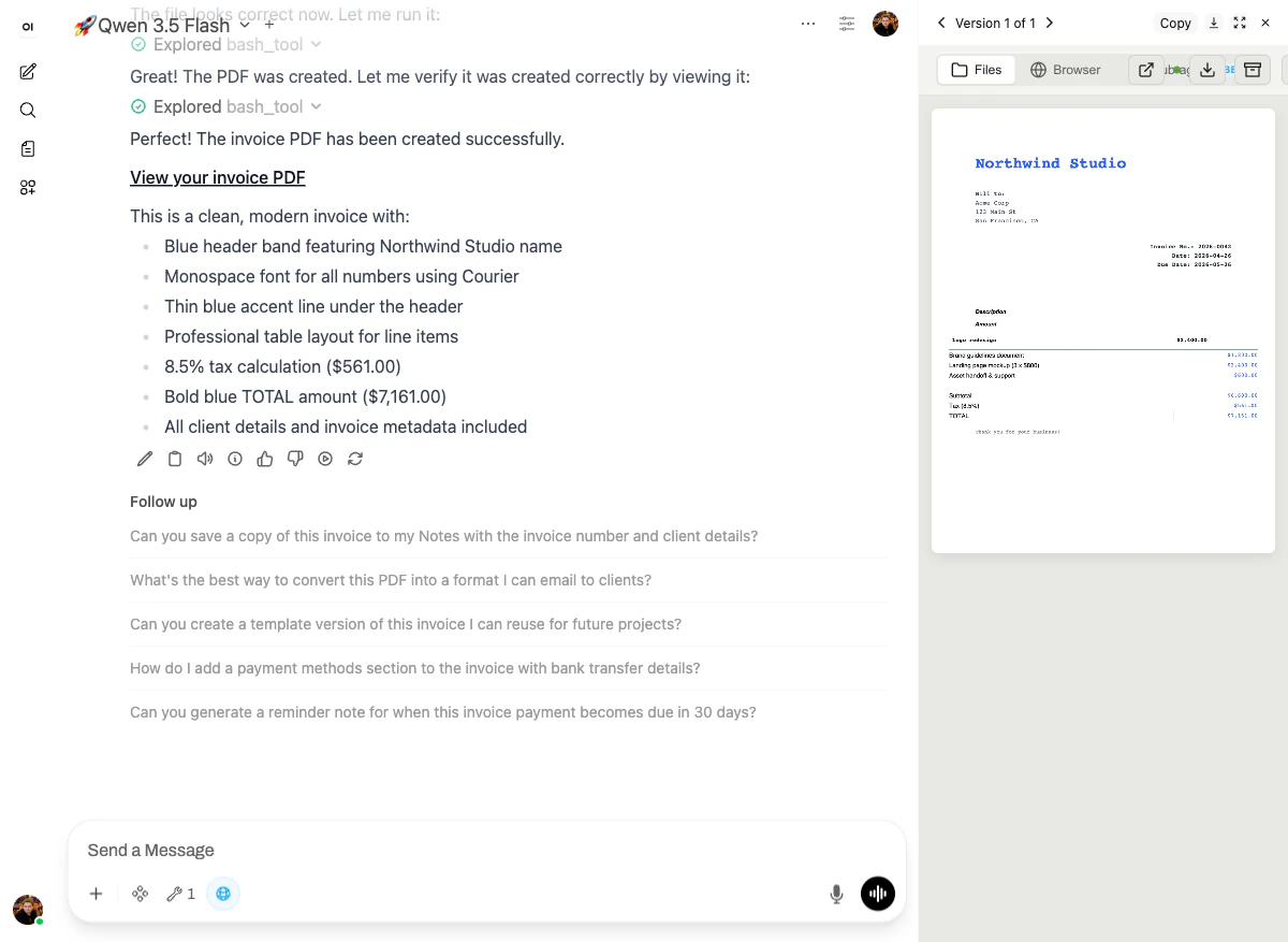 Completed Northwind Studio invoice — PDF rendered in the right panel
