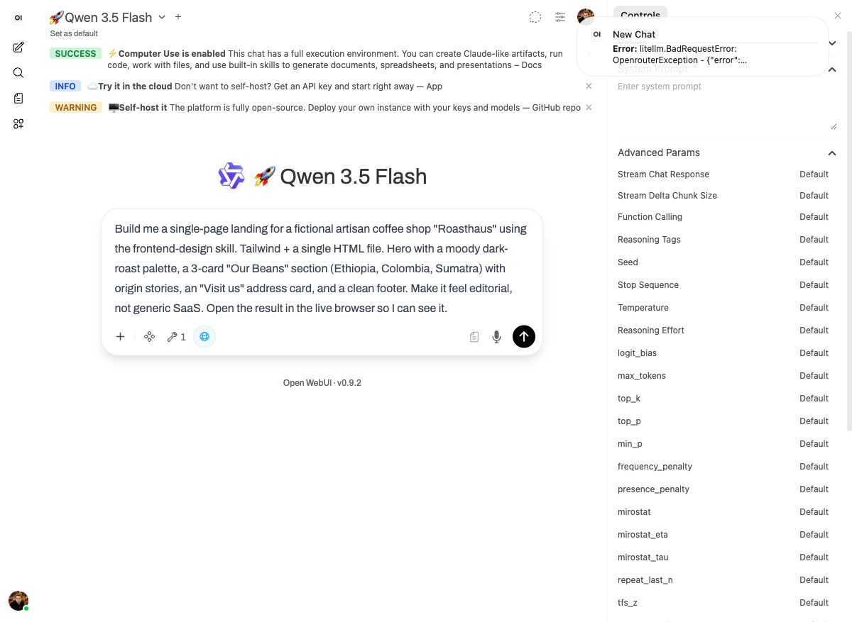 The Roasthaus landing prompt entered into chat.yambr.com