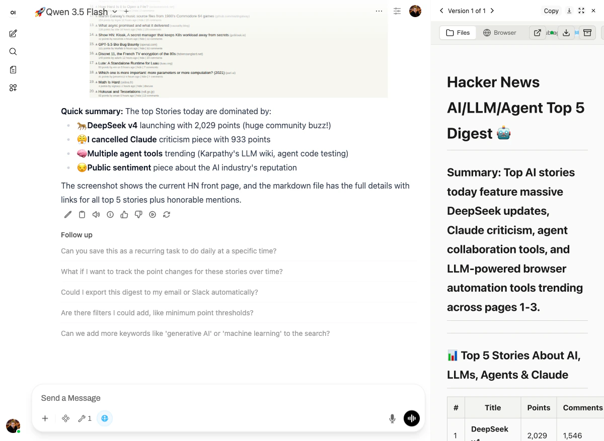 HN AI digest result — quick summary on the left with emoji bullets, Markdown digest on the right