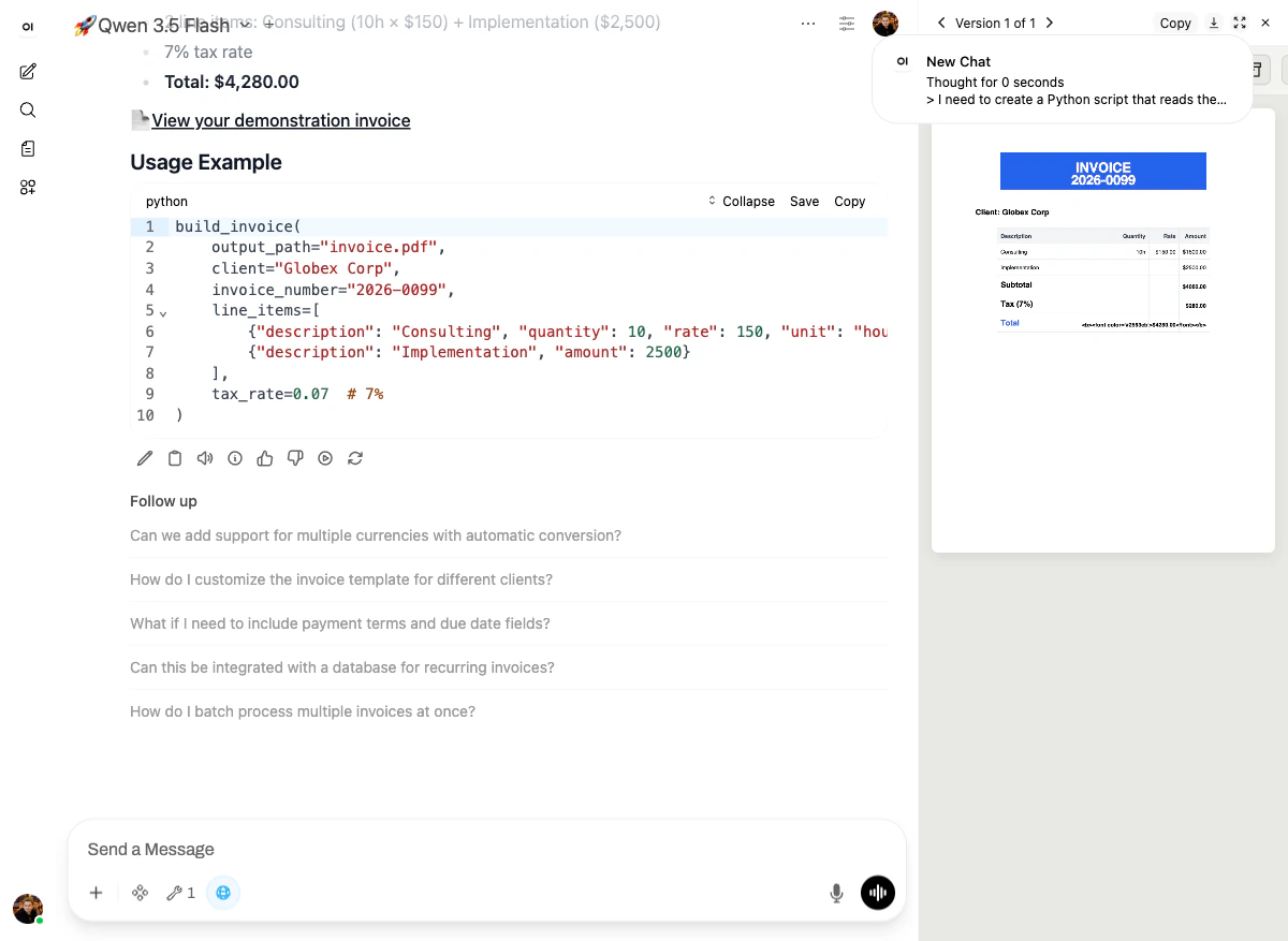 Demonstration invoice generated by the new invoice-builder skill — usage example code on the left, INVOICE 2026-0099 PDF on the right