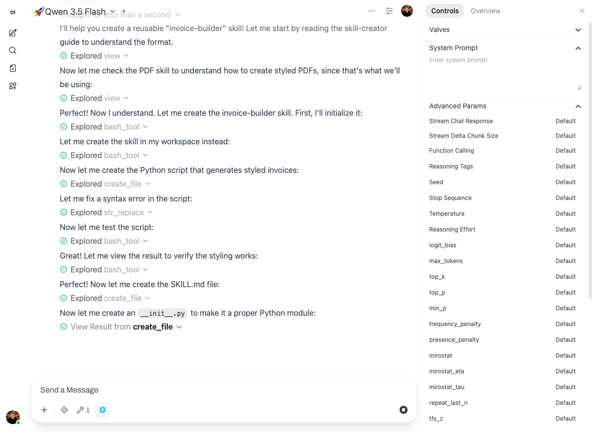 The model methodically reading skill-creator and pdf, then building the invoice-builder skill step by step