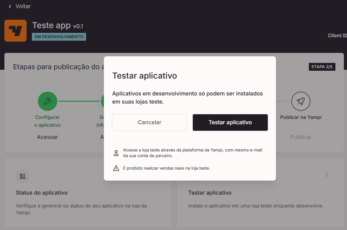 Como testar um aplicativo - Yampi Developer Portal