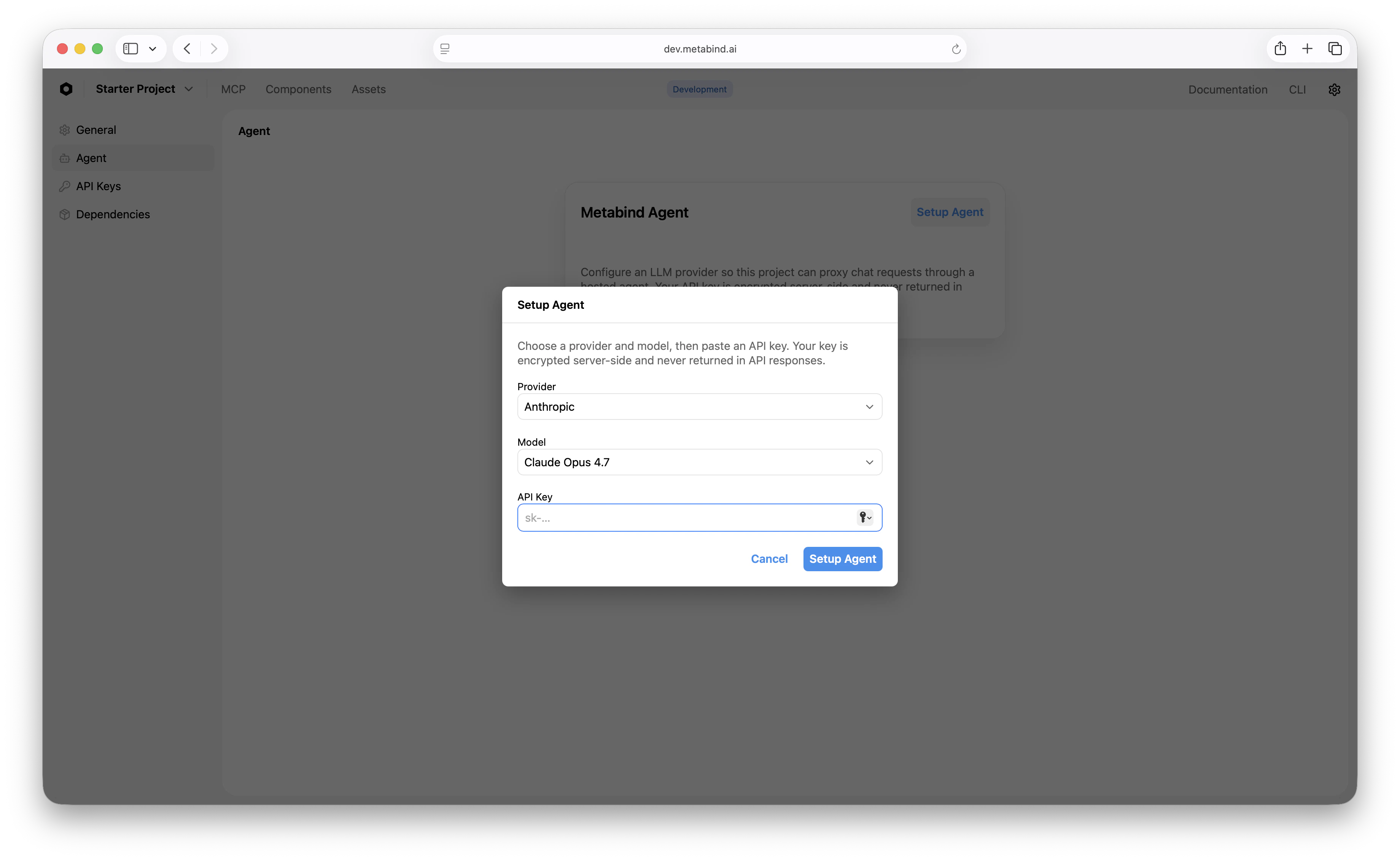 The Setup Agent dialog in MCP App Studio with Provider, Model, and API Key fields — the LLM key is encrypted server-side and never returned in API responses