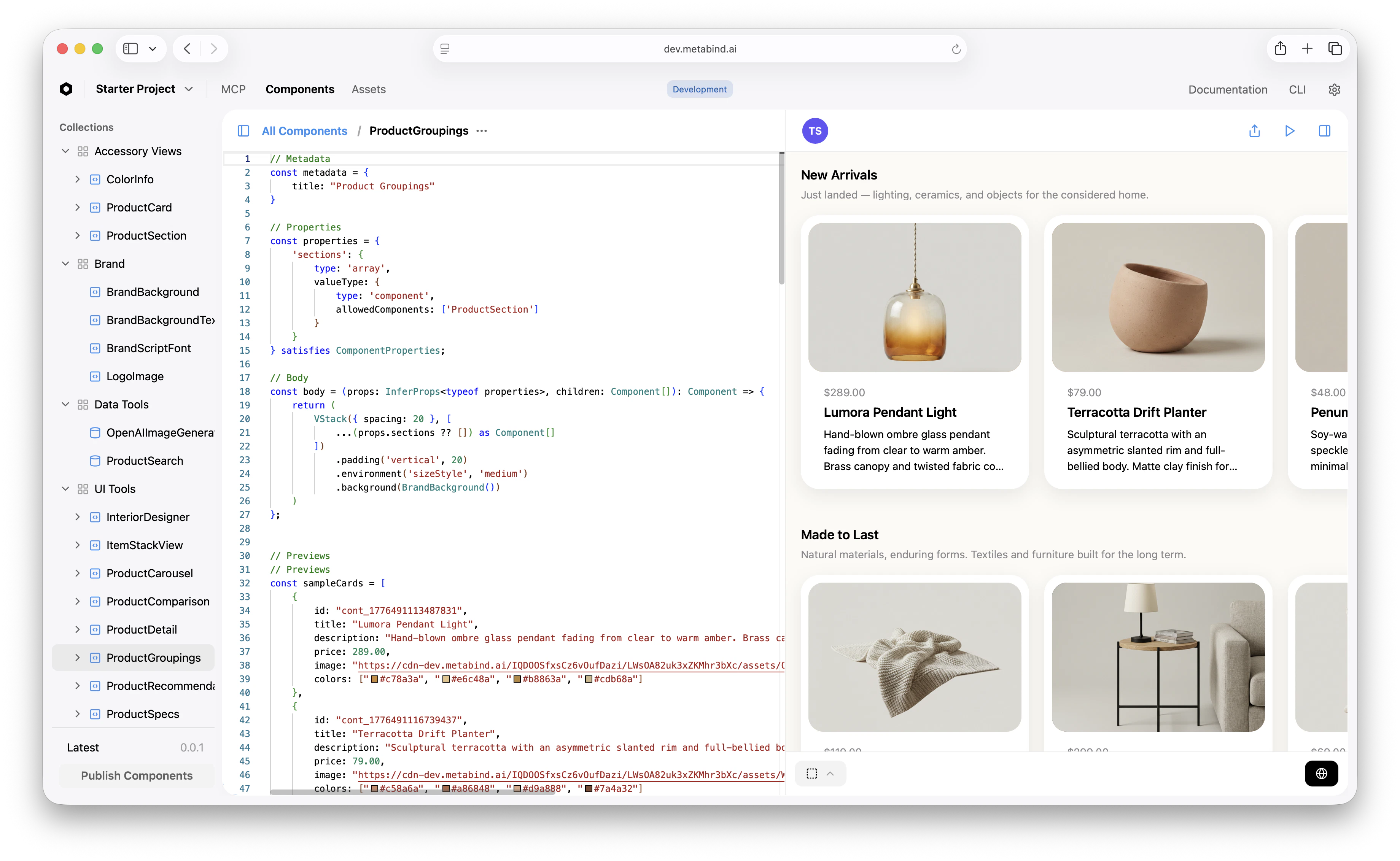 A layout component's BindJS source open in the MCP App Studio Components editor with `allowedComponents` declared on a slot property