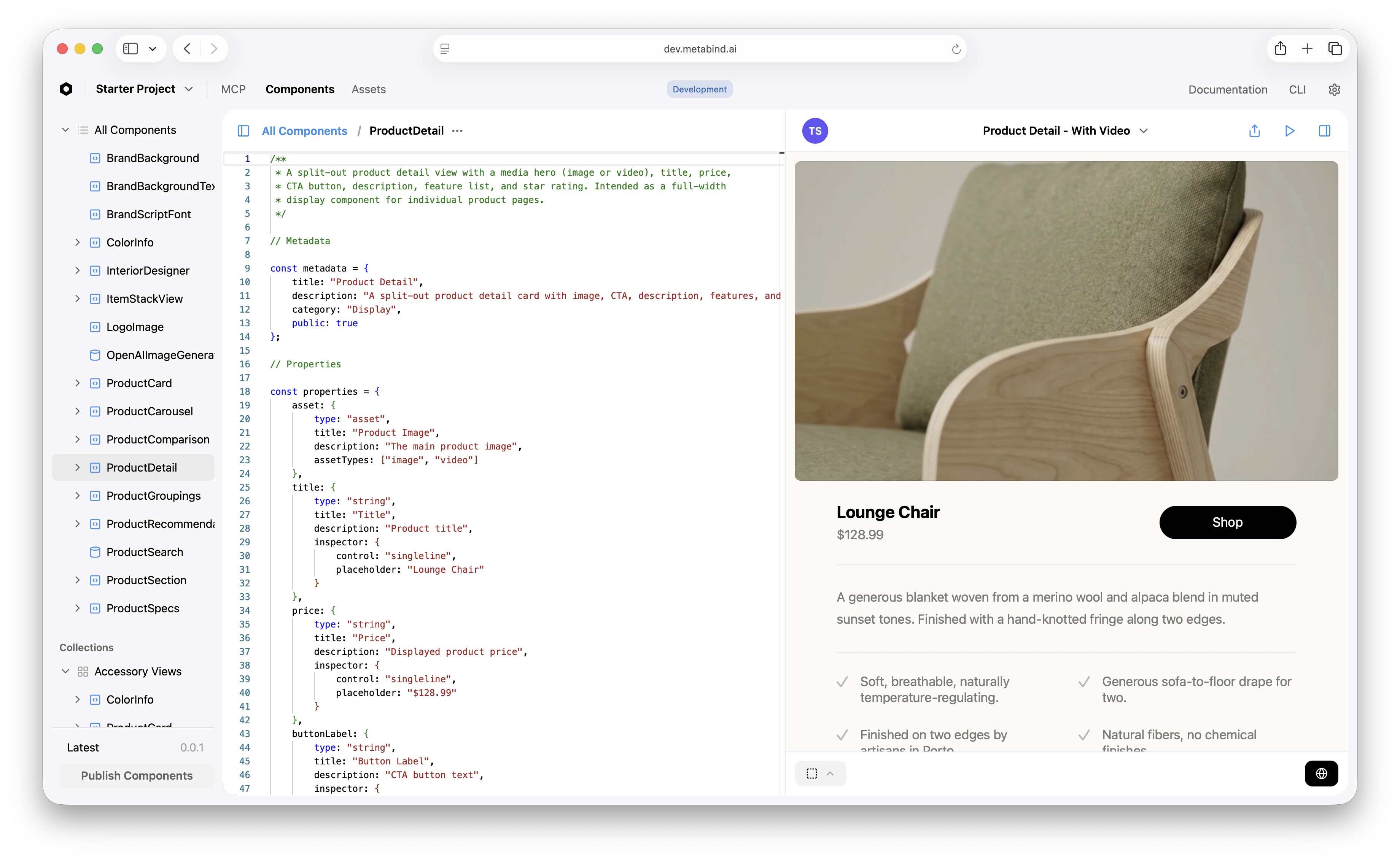 The Components tab in MCP App Studio — left sidebar lists components in the project, center pane shows the BindJS code editor for ProductDetail, right pane renders a live preview of the active component