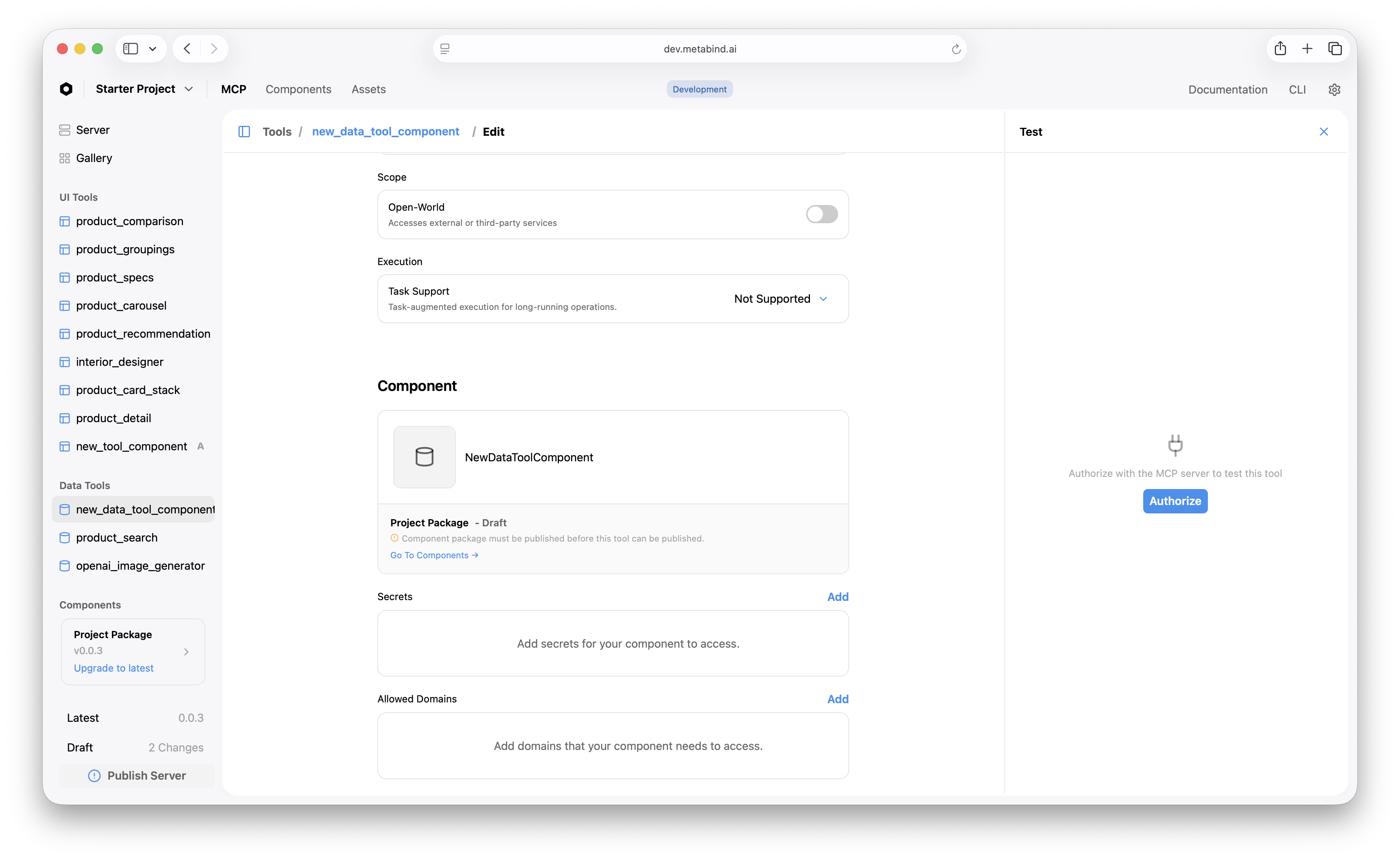 A Data Tool edit page in MCP App Studio with the Component, Secrets, and Allowed Domains sections visible