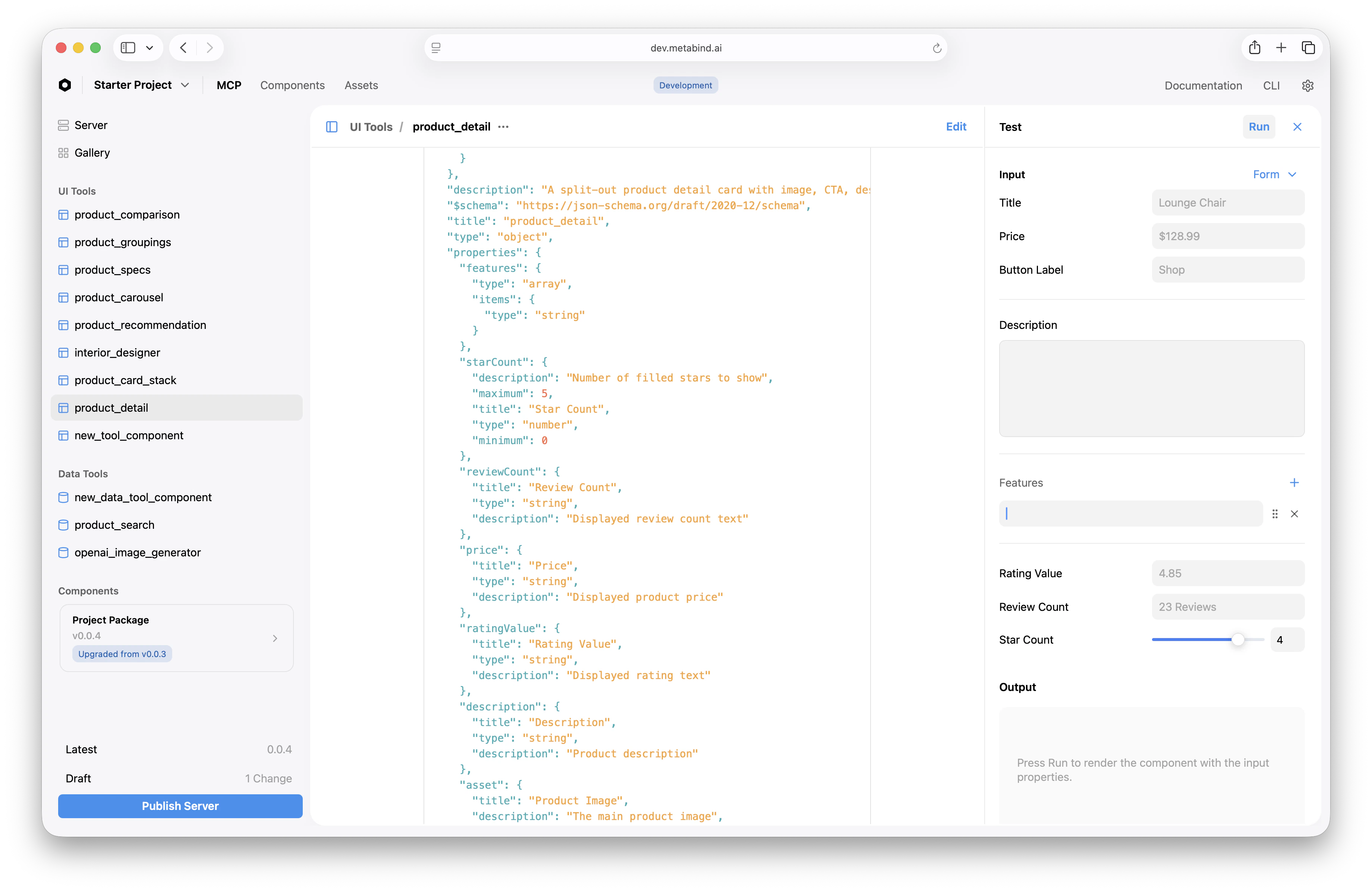 The product_detail Type edit page in MCP App Studio — JSON schema in the center, inspector form on the right with single-line text fields, a multi-line description, an array editor for Features, and a slider for Star Count