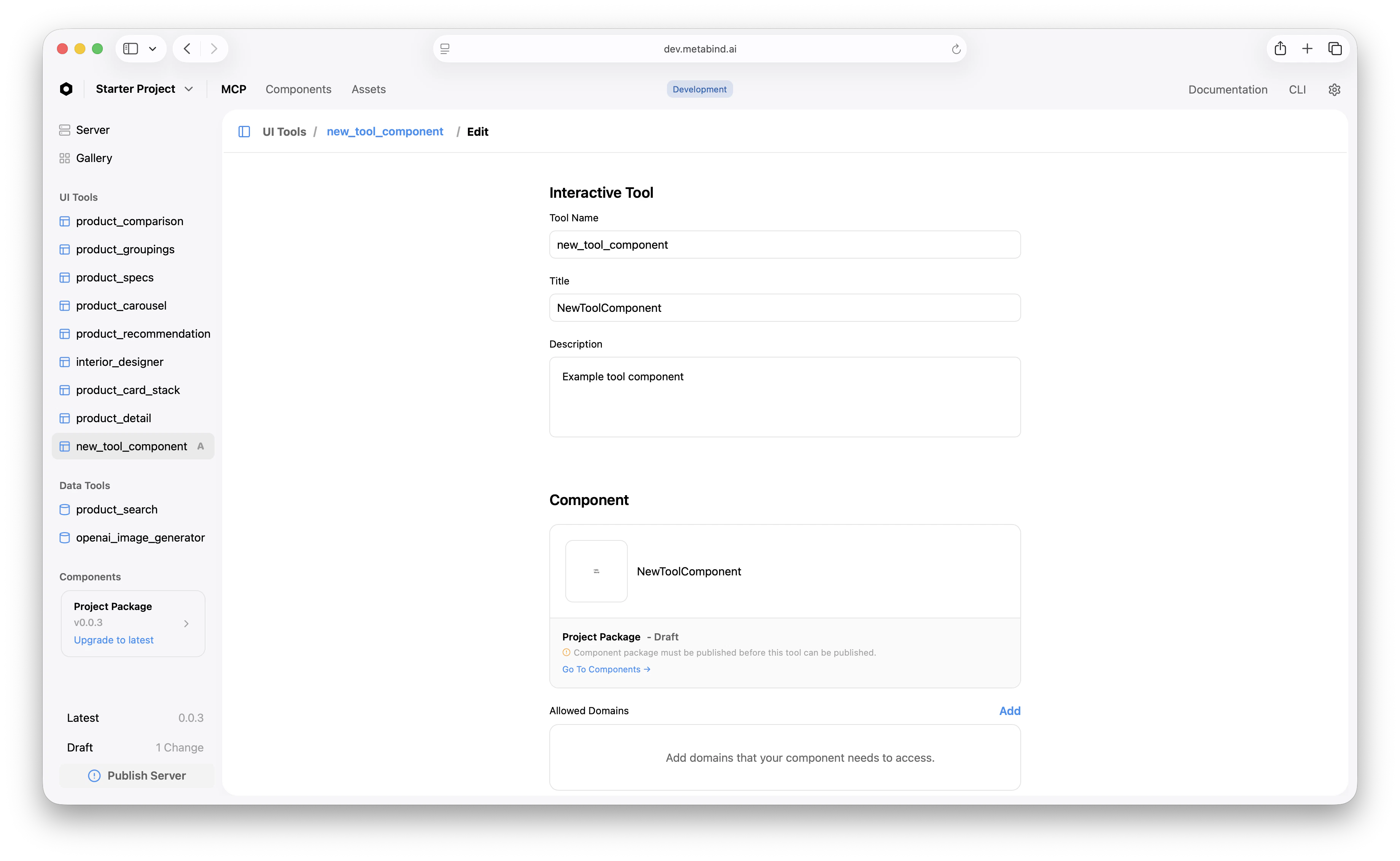 The Interactive Tool edit page in MCP App Studio with Tool Name, Title, Description, and Component fields visible