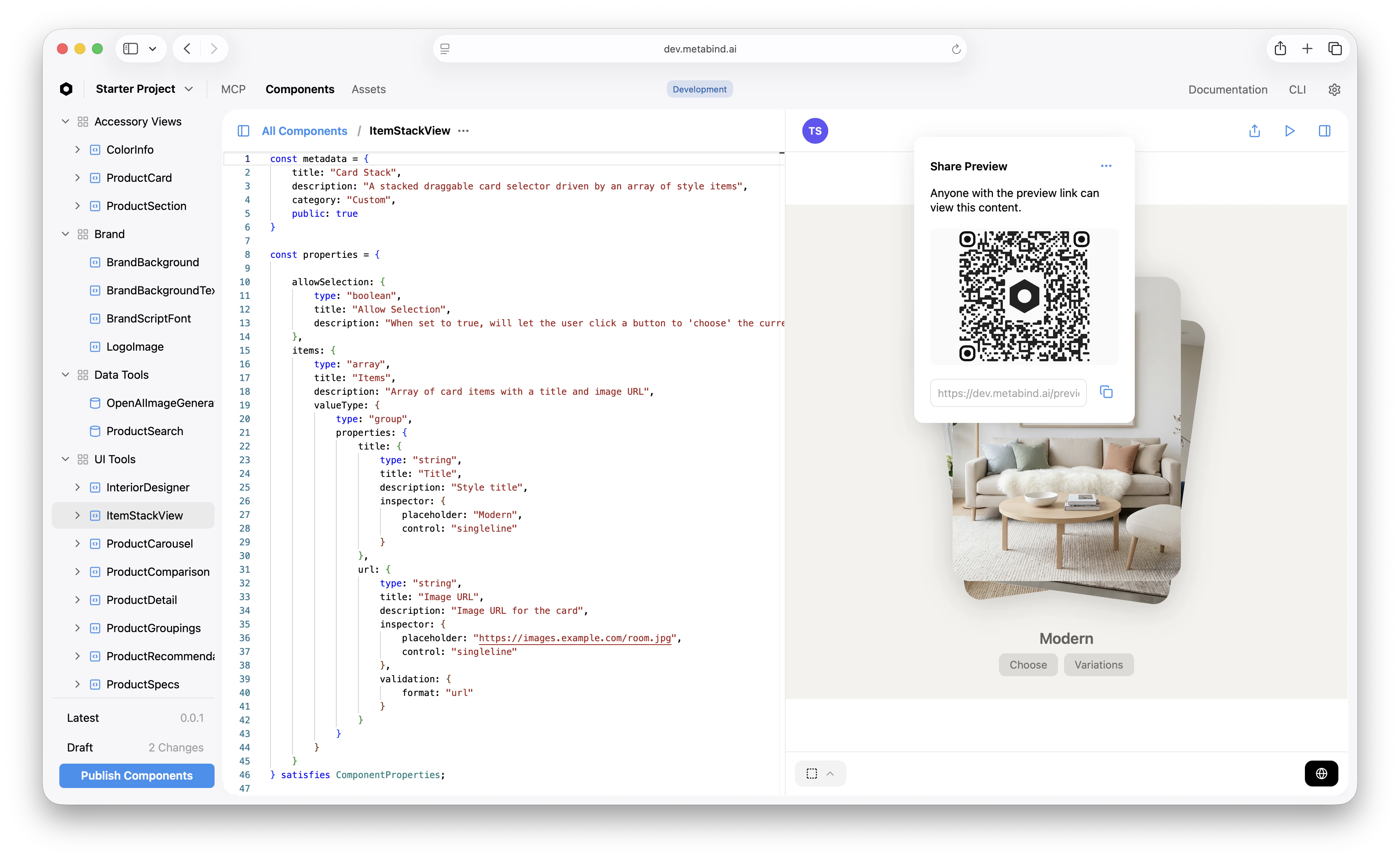 MCP App Studio with a Share Preview QR code modal open over the Components editor — scannable from an iOS device to launch the App Clip