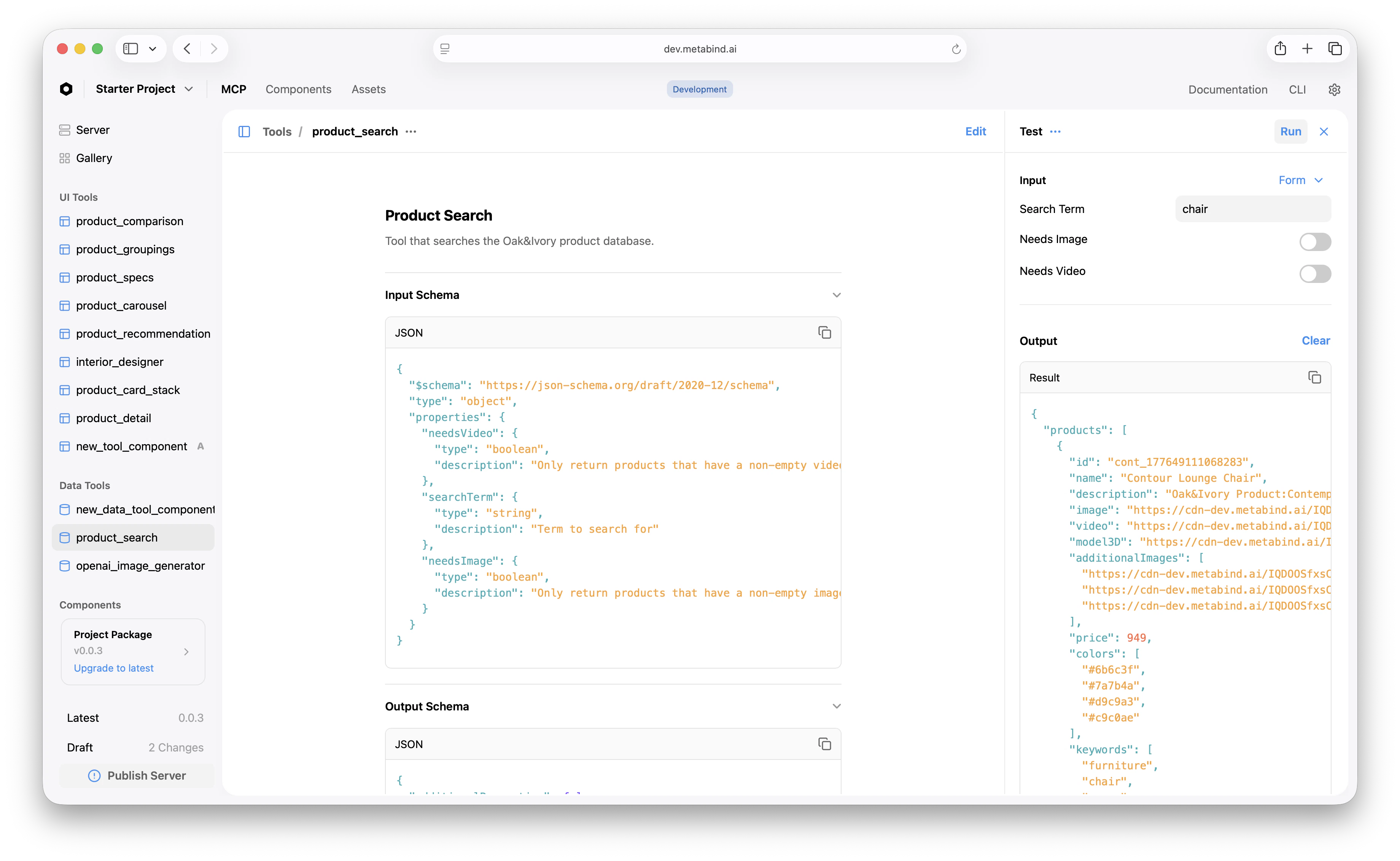 The product_search Data Tool tested inside MCP App Studio — input and output schemas visible, with a Search Term form on the right and a JSON results array below