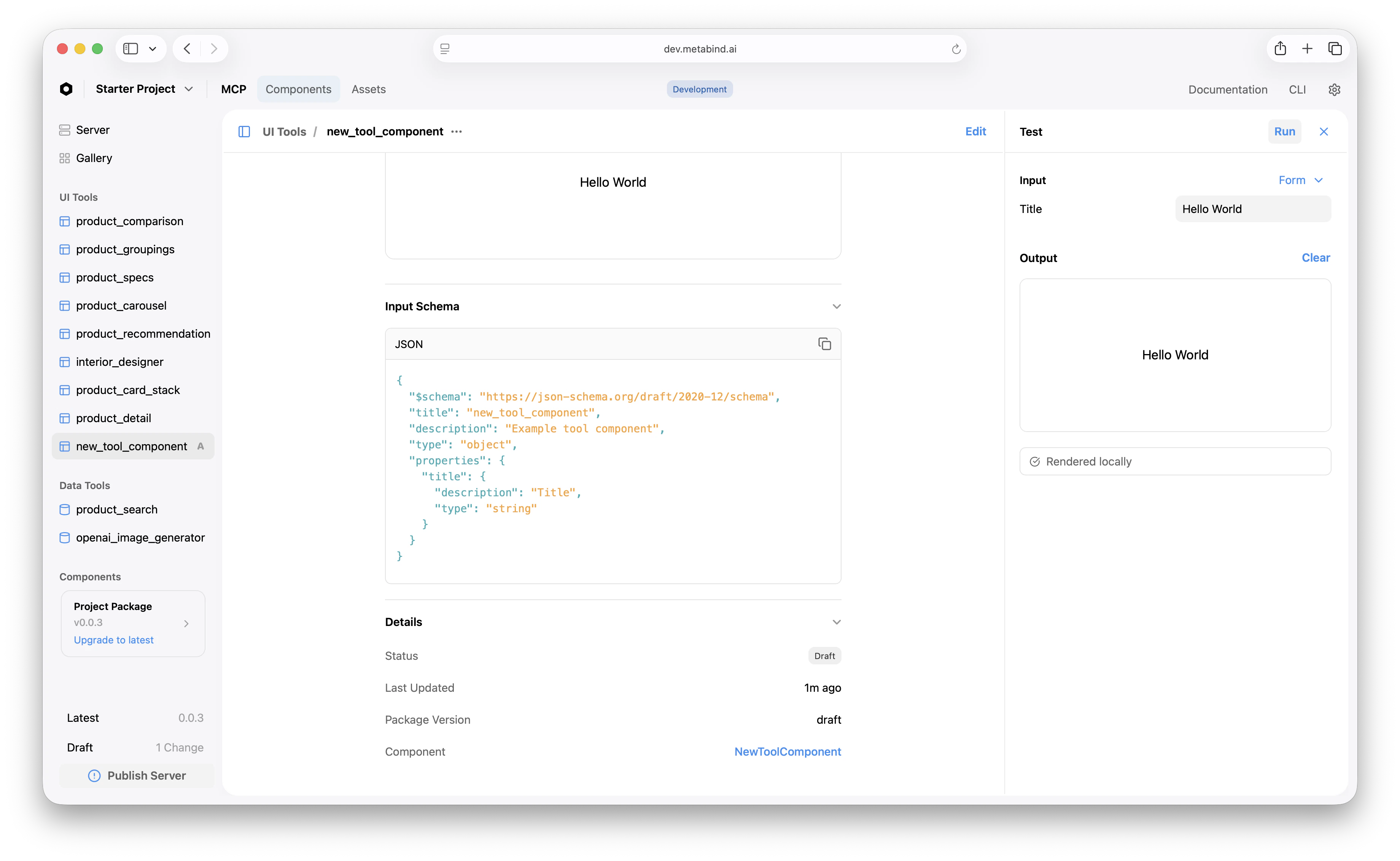 A Type detail page in MCP App Studio — the center pane shows the rendered preview, input schema, and details; the right pane is the test panel with input form, Run button, and rendered output