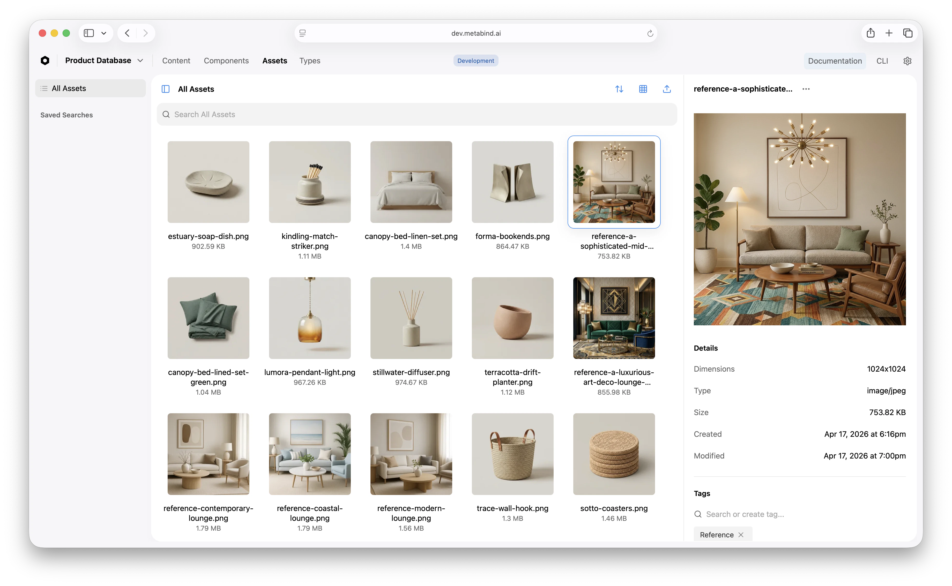 The Assets surface in MCP App Studio — All Assets grid on the left, search and sort controls along the top, and a detail panel on the right showing the selected asset's preview, dimensions, type, size, and tags
