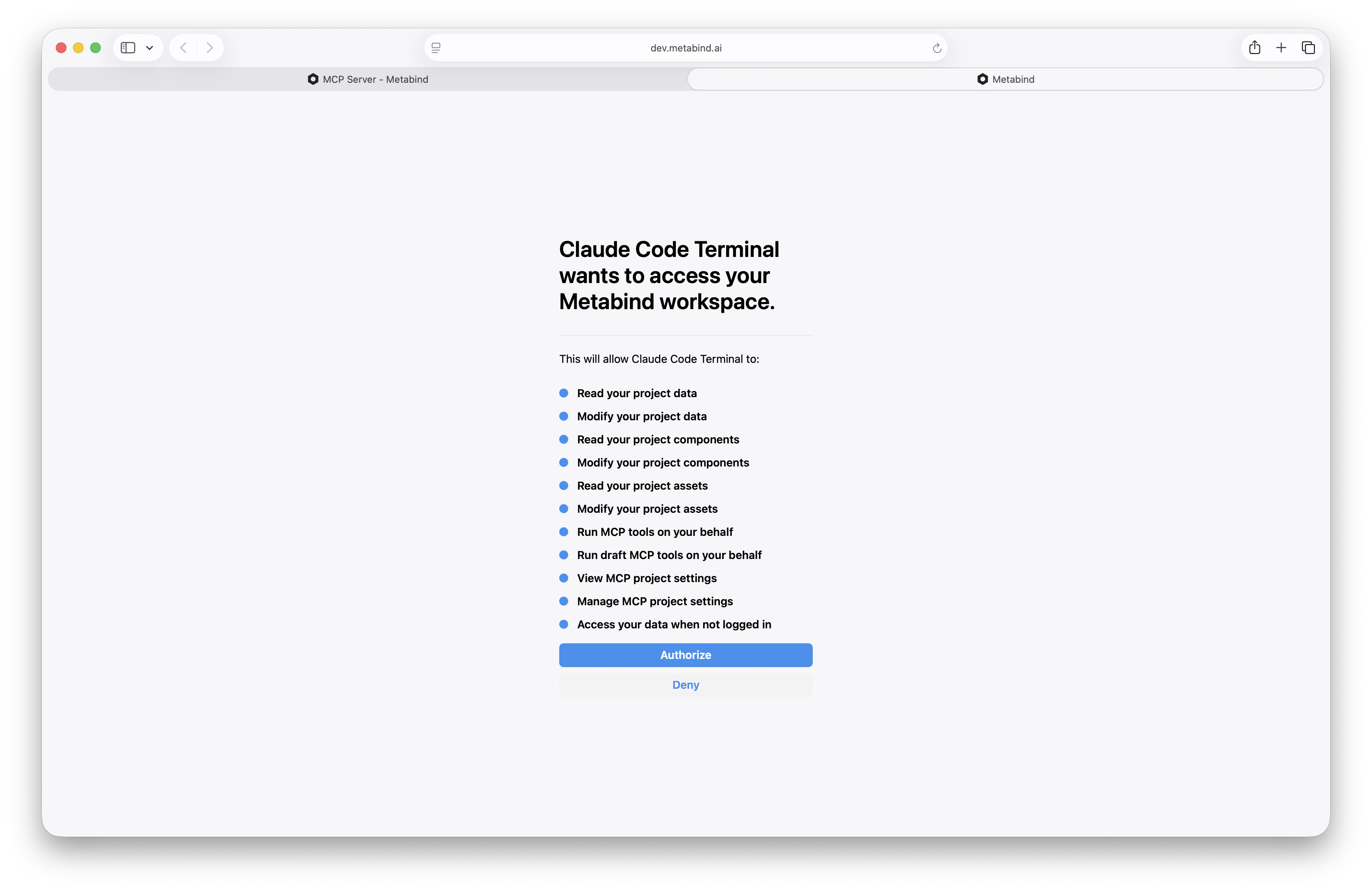 The Metabind OAuth authorization page asking the user to authorize Claude Desktop to access the project — read/modify project data, run MCP tools, and access settings