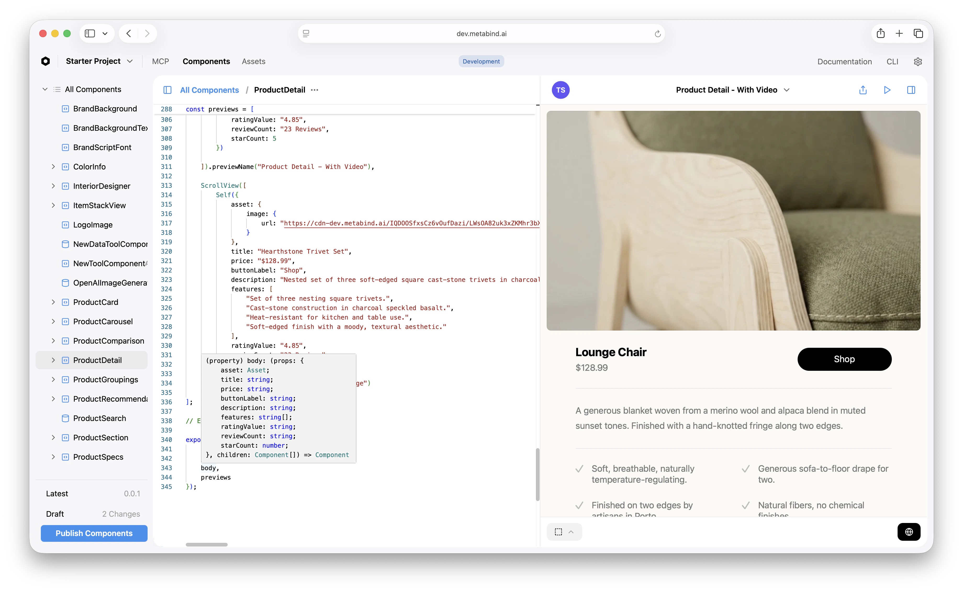 ProductDetail component shown in the BindJS editor with a live preview