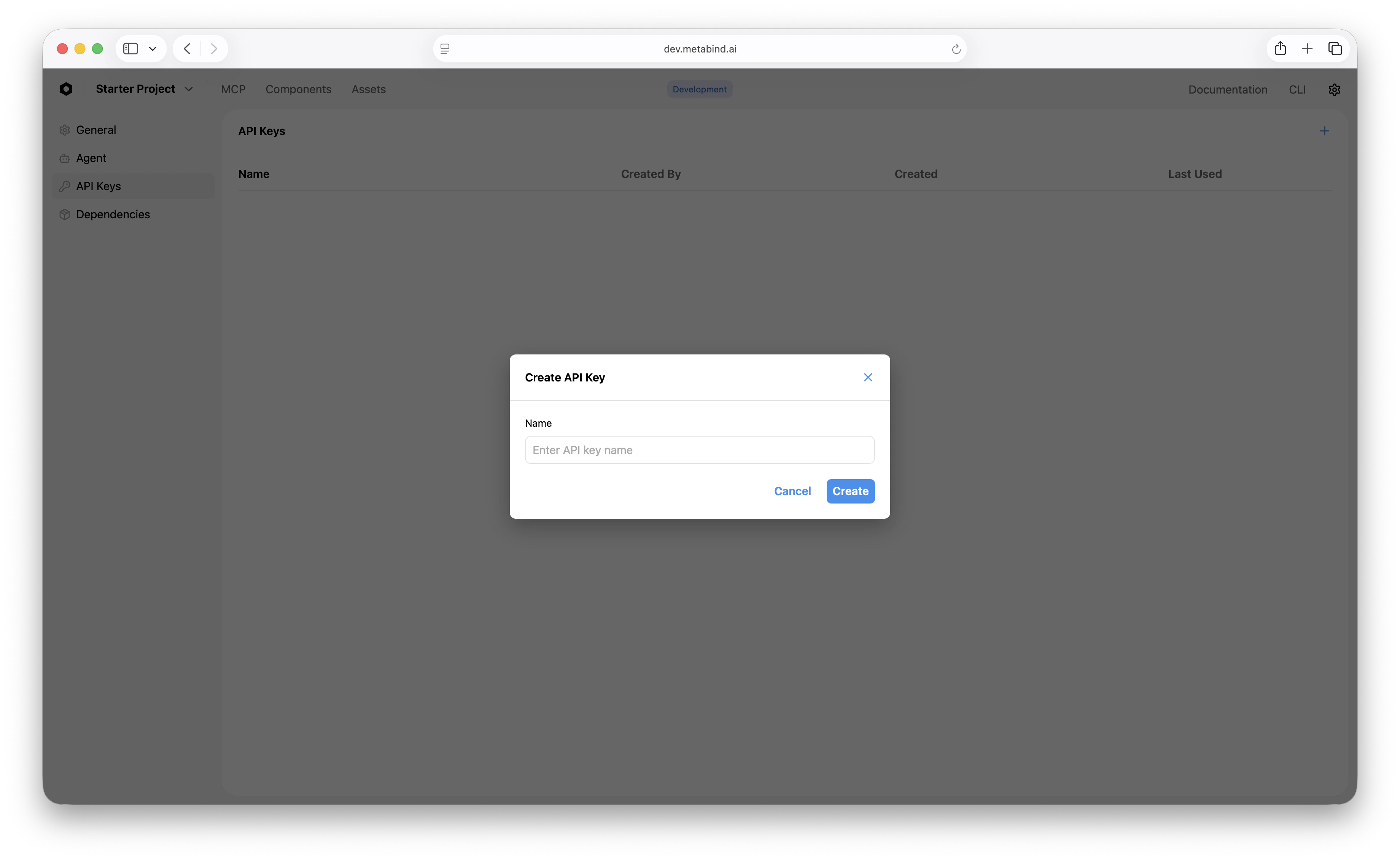 The Create API Key dialog in MCP App Studio prompting for a key name