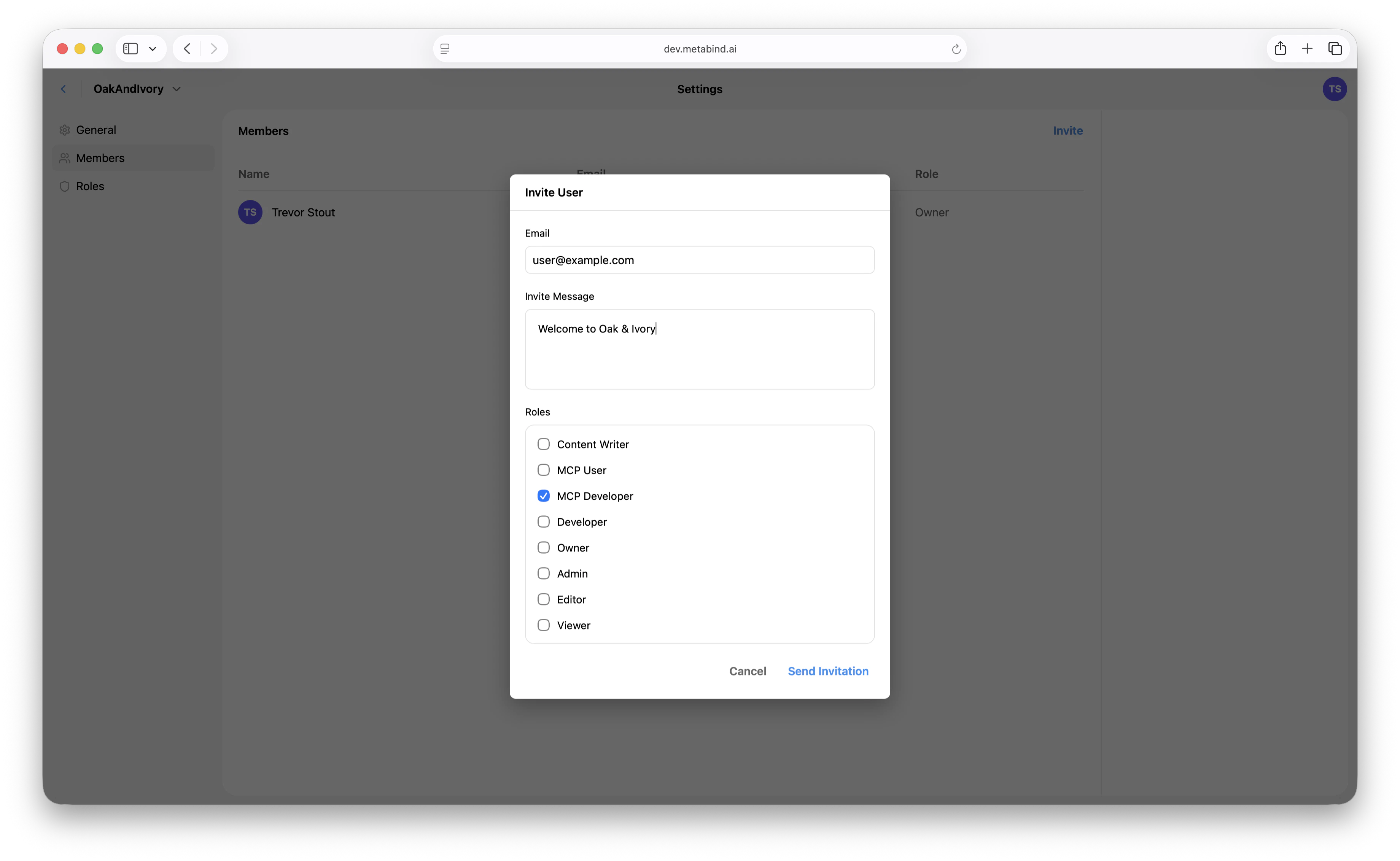 The Settings → Members page with the Invite User dialog open — email field, invite message, and a list of role checkboxes