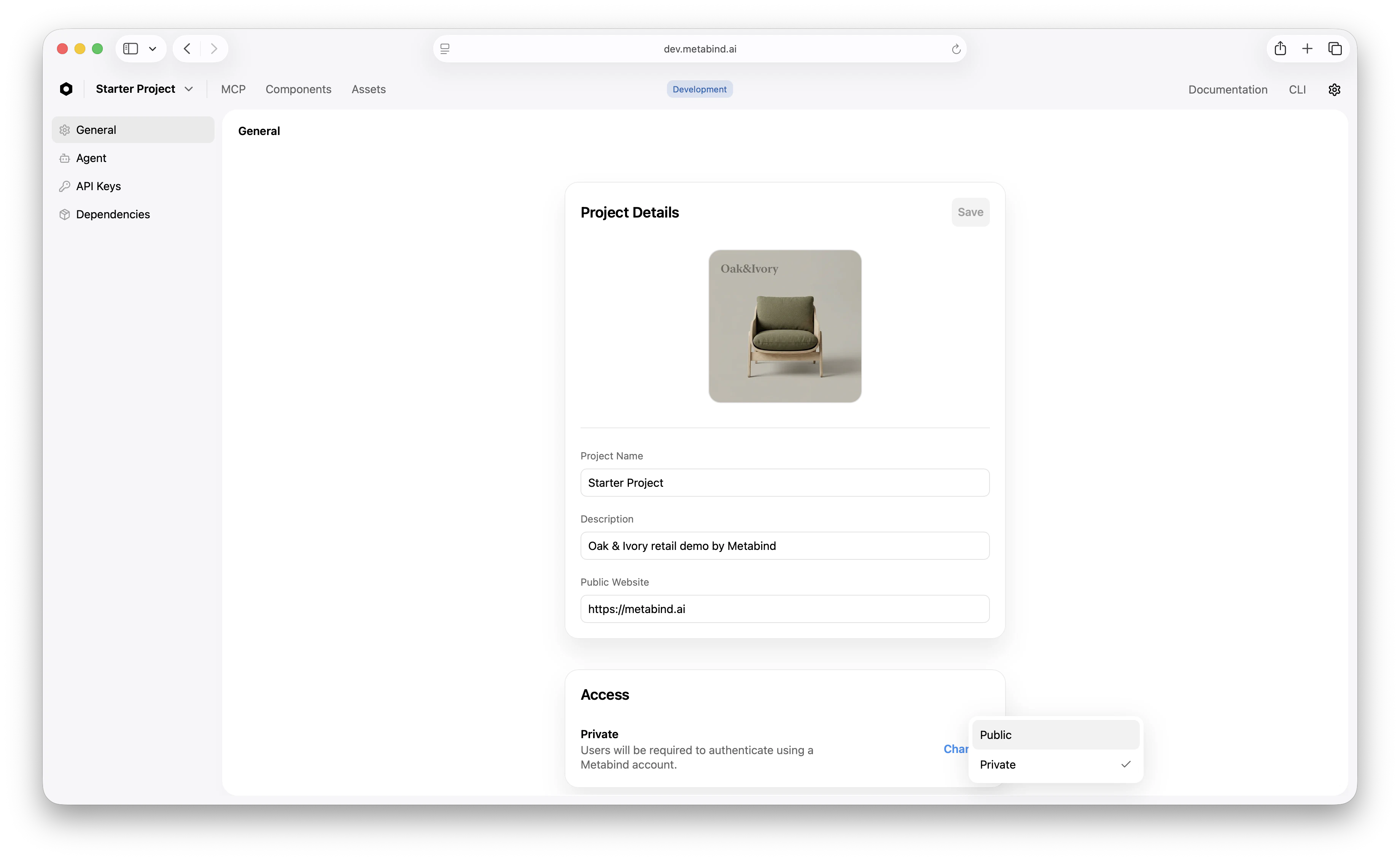 The Settings → General page in MCP App Studio with the project's Visibility dropdown open, showing Public and Private options