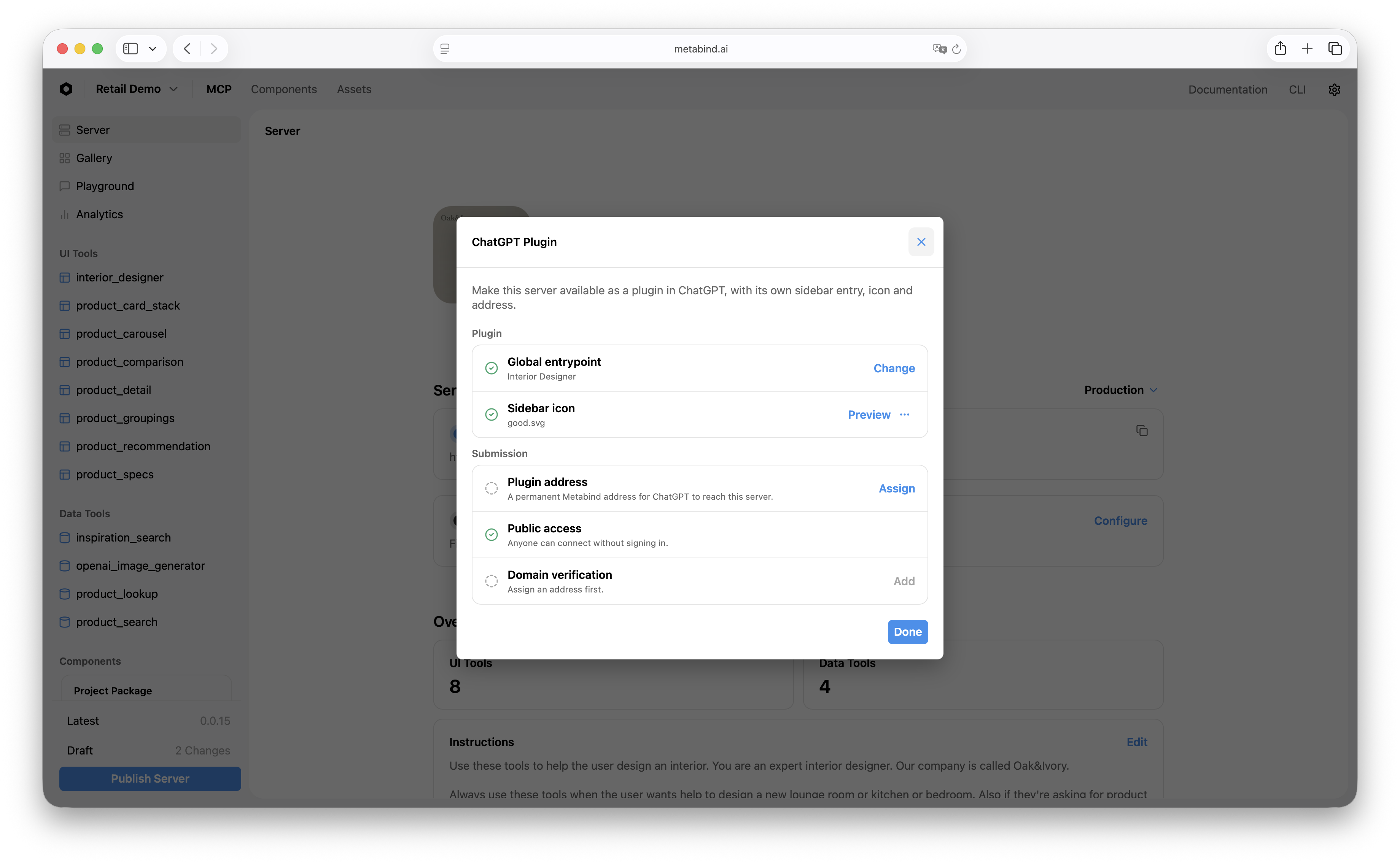 The ChatGPT Plugin dialog in Metabind Studio, with Global entrypoint and Sidebar icon under Plugin, and Plugin address, Public access, and Domain verification under Submission